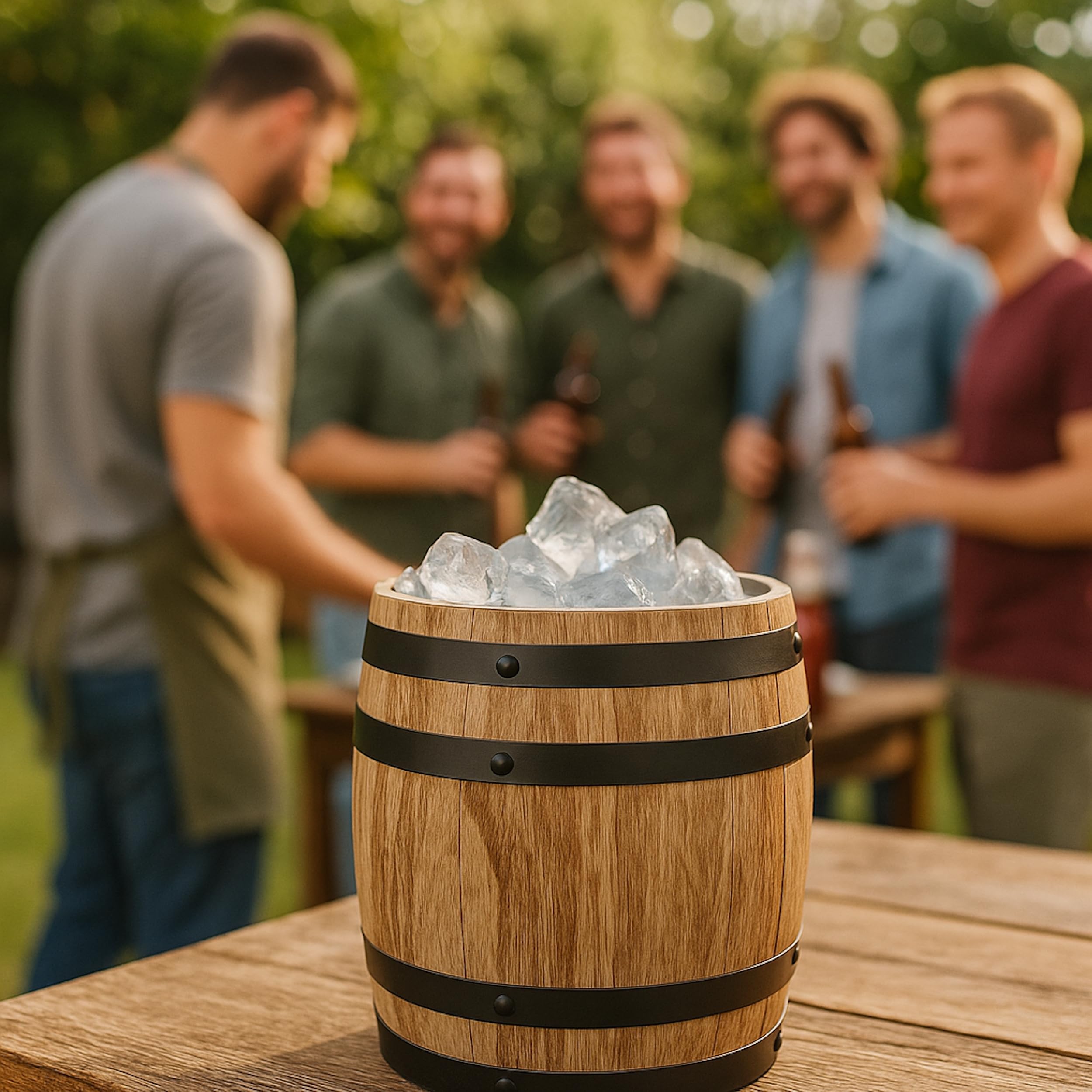 Flaschenkühler Getränkekühler Bierkühler Bierfass Sektkühler Eiswürfelbehälter als Holzfass mit doppelwandigem Edelstahl für Flaschen oder Eiswürfel 3 Liter Inhalt für Gartenparty und Event