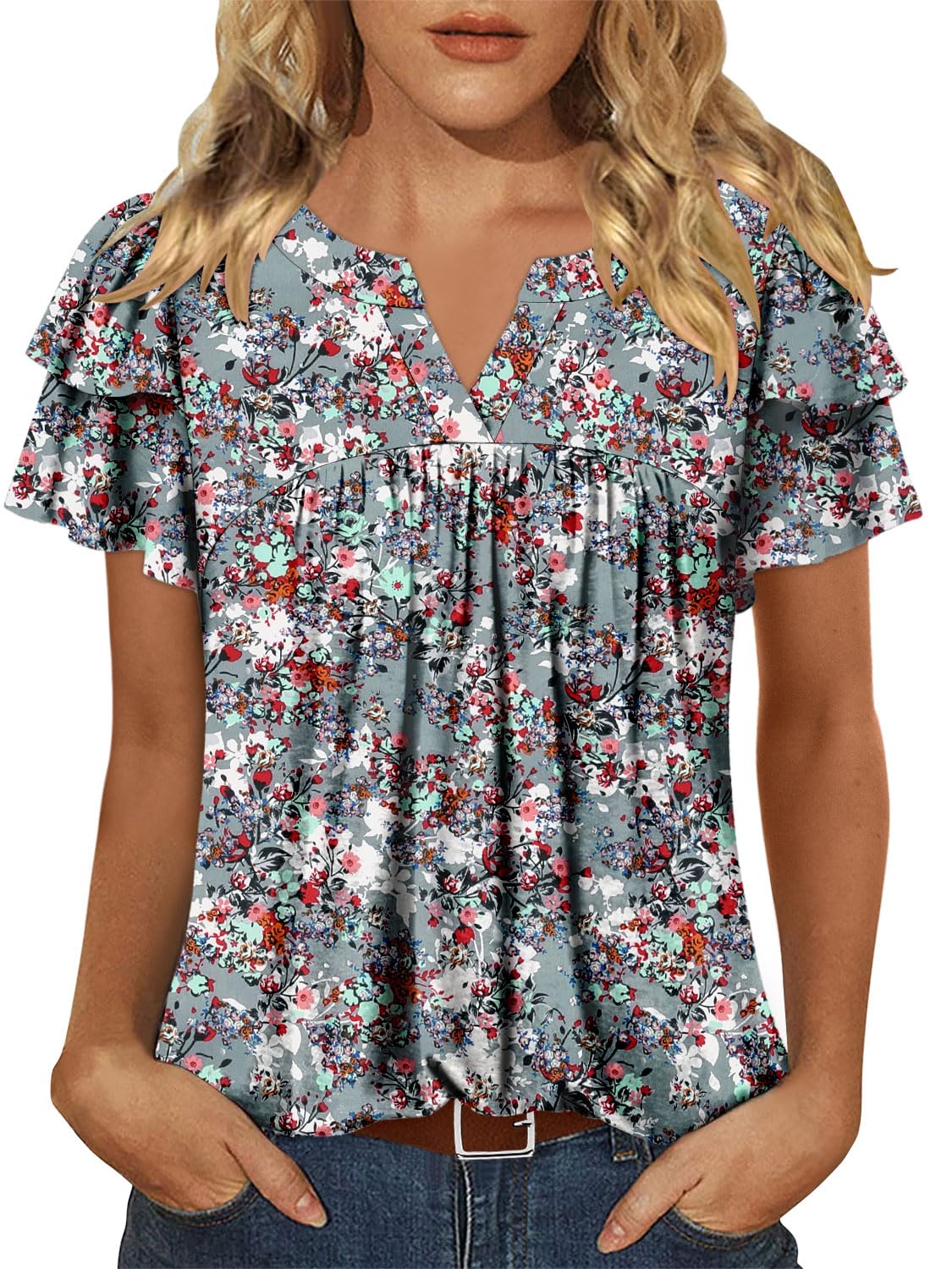 BETTE BOUTIK Womens Crewneck Short Sleeve Summer Tops Pleated Tunic Shirts S-3XL