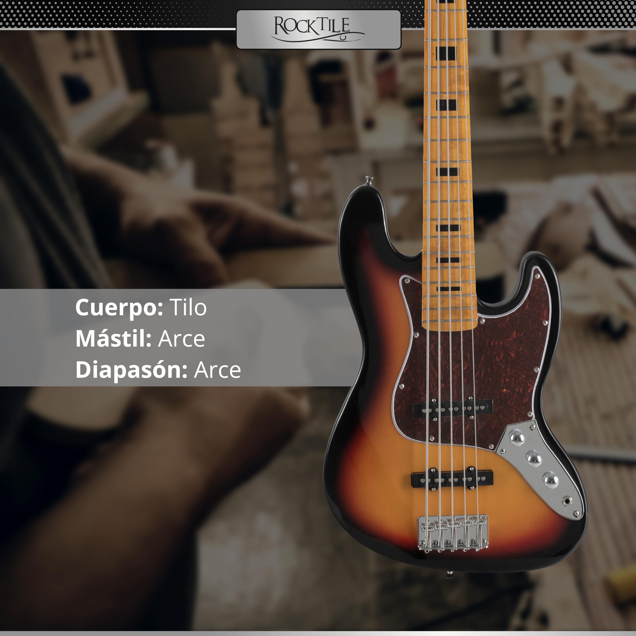 Rocktile Pro JBS50-SB Bajo Eléctrico Sunburst, Allgemein, Modell: JBS50-SB | Serie: Rocktile Pro, Peso: 4, 24 kg, Número de cuerdas: 5, Orientación: Diestros, Korpus, Forma del cuerpo: JB-Style, Hals