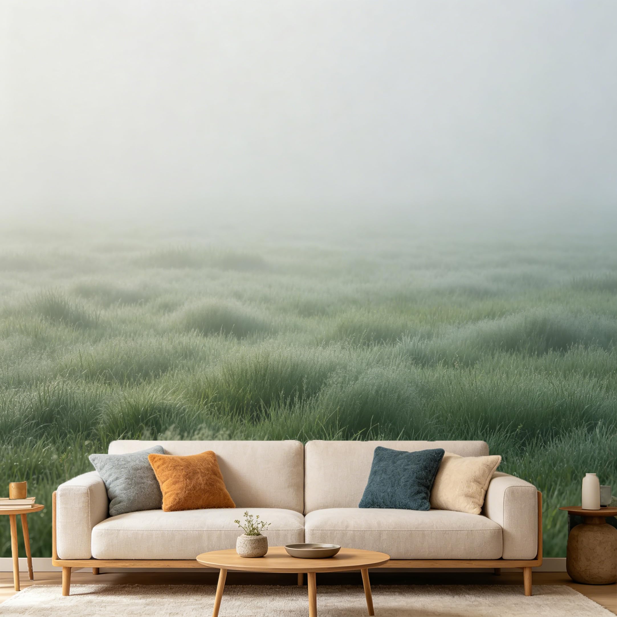 Custom Size Wall Mural Misty Meadow Landscape Foggy Field Nature Scenery SelfAdhesive Art Prints wall Fabric（No PVC） Removable Wallpaper Home Bedroom Decor