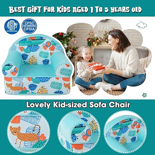 Miniatura 8 de HONEY JOY Sofá para niños pequeños, cómoda silla para niños con bonito patrón, muebles de sala de juegos para niños con funda de terciopelo y espuma