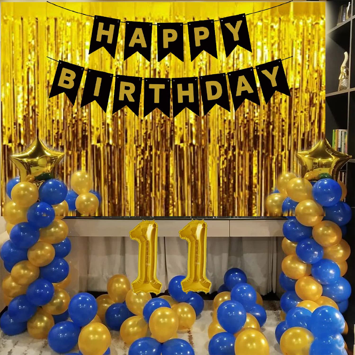 Dear Happy Golden Foil Curtain Studio 11th / 11 Year Birthday Decoration for Boys 33 Combo Kit - Blue Birthday Backdrop Banner, Blue and Golden Metallic Balloons Golden Foil Curtain Decorations Set