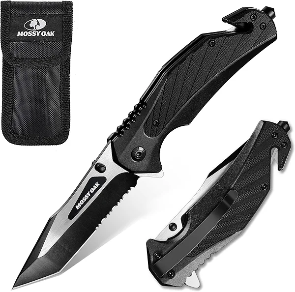 MOSSY OAK Folding Pocket Knife with Aluminium Alloy & G10 Handle, 4.75" Tactical Knife with Tungsten Steel Glass Breaker, Seatbelt Cutter, Belt Clip, Survival Knife for Emergency, Outdoor, C