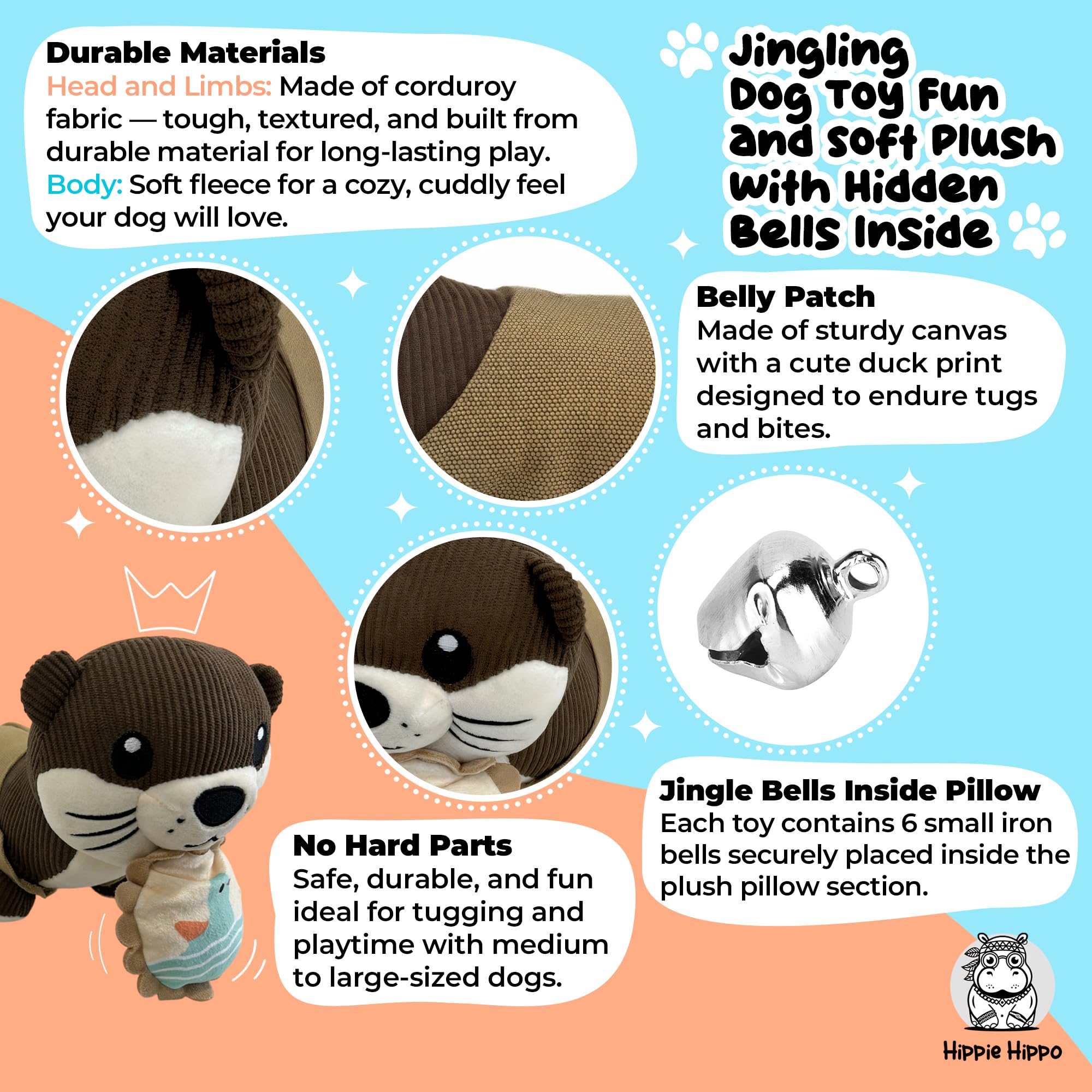 Niedliches Otter-Hundespielzeug, entzückendes und langlebiges Plüsch-Kauspielzeug mit Glockenklang, robustes Stofftierspielzeug für mittelgroße und große Hunde zum Kuscheln und Spielen