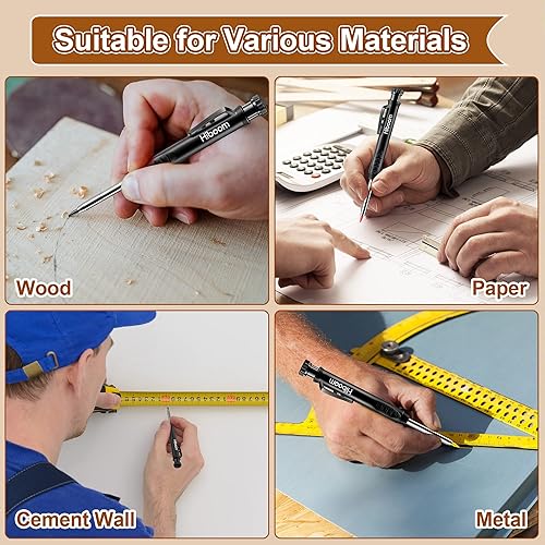 Miniatura 5 de Hiboom Paquete de 4 lápices de carpintero con 36 repuestos (rojo, negro, amarillo), herramienta de marcado de carpintería resistente de 0.116