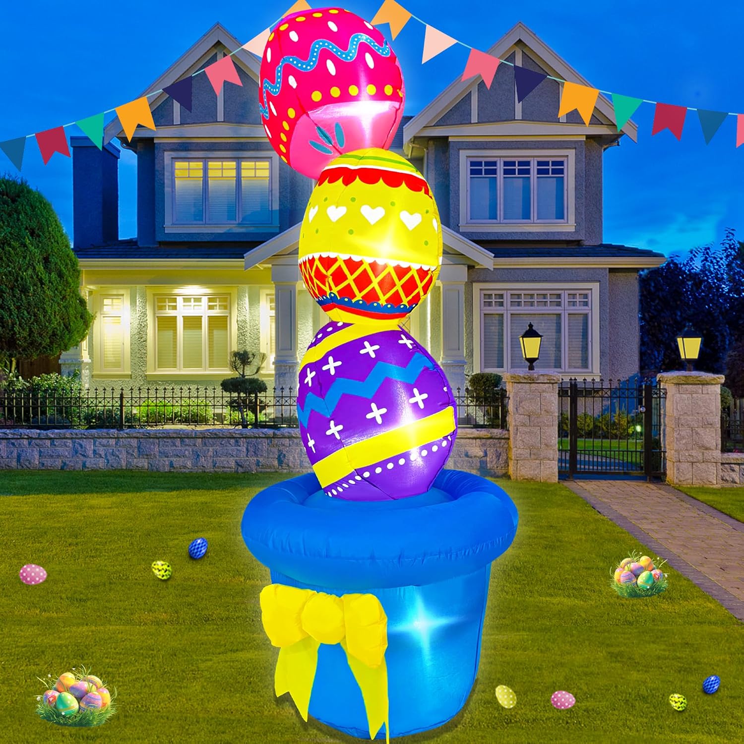 Easter Inflatables Outdoor Decorations 6FT Inflatable Stacked Eggs on Flowerpot Built-in LED Lights for Spring Holiday Party Indoor Outdoor Blow Up Decor for Garden Lawn Patio Decoration