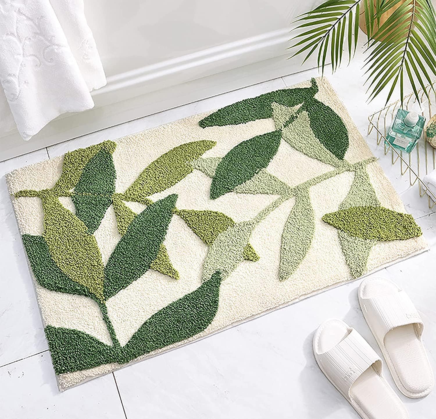 Green Leaves Bathroom Rug, Lovely Bath Rug, Nature Plant Floor Mats, Washable Microfiber Bath Mats for Shower Living Room Fast Dry 17.7"x25"s