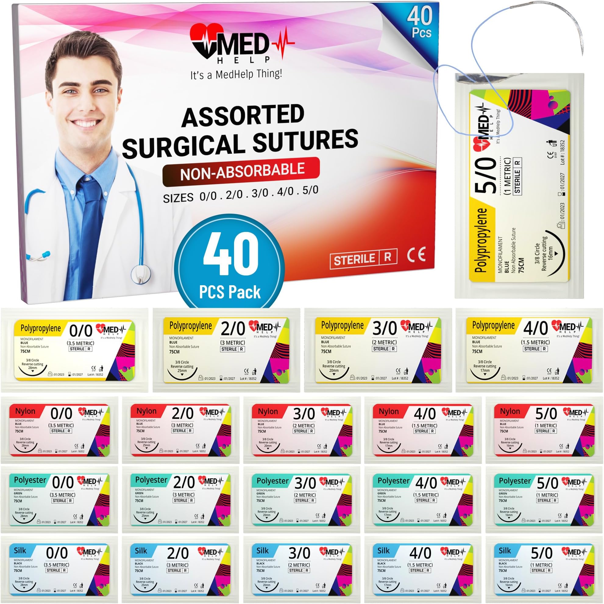 Practice Sutures Thread with Needle - 40 Pack Mixed 0 1/0 2/0 3/0 4/0 5/0 Suture Practice Kit - Survival Stitches Kit Military Grade, Medical and Nursing Suture Kit (Demonstration and Training only)