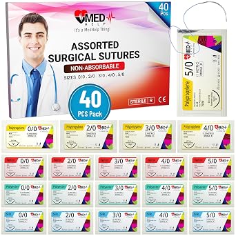 Practice Sutures Thread with Needle - 40 Pack Mixed 0 1/0 2/0 3/0 4/0 5/0 Suture Practice Kit - Survival Stitches Kit Military Grade, Medical and Nursing Suture Kit Demonstration and Training only