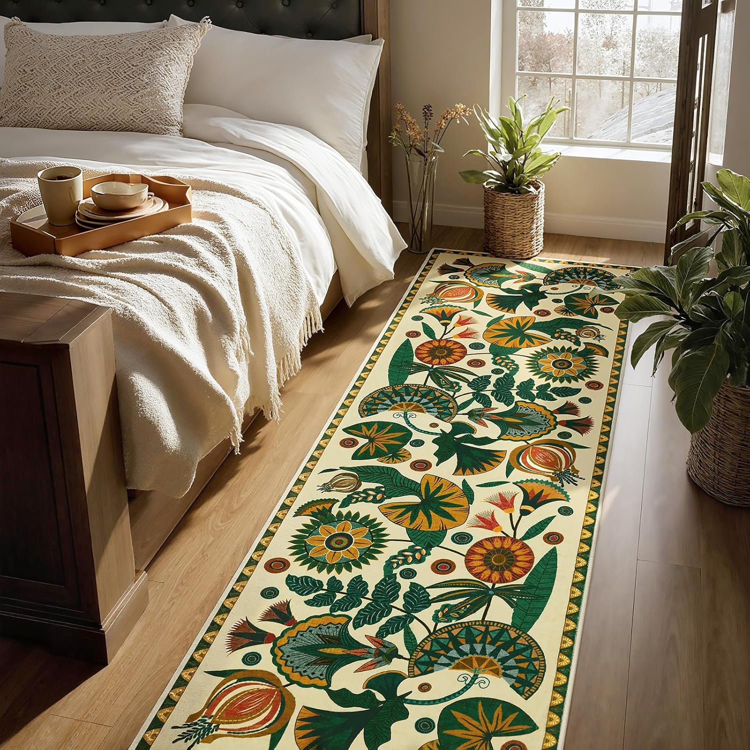 Joydeco Egypt Floral Washable Runner Rug for Hallway Entryway, Boho 2x8 Beige Bathroom Kitchen Runner Rugs Non Skid Washable, Vintage Non Slip Throw Carpet for Laundry Room Entrance