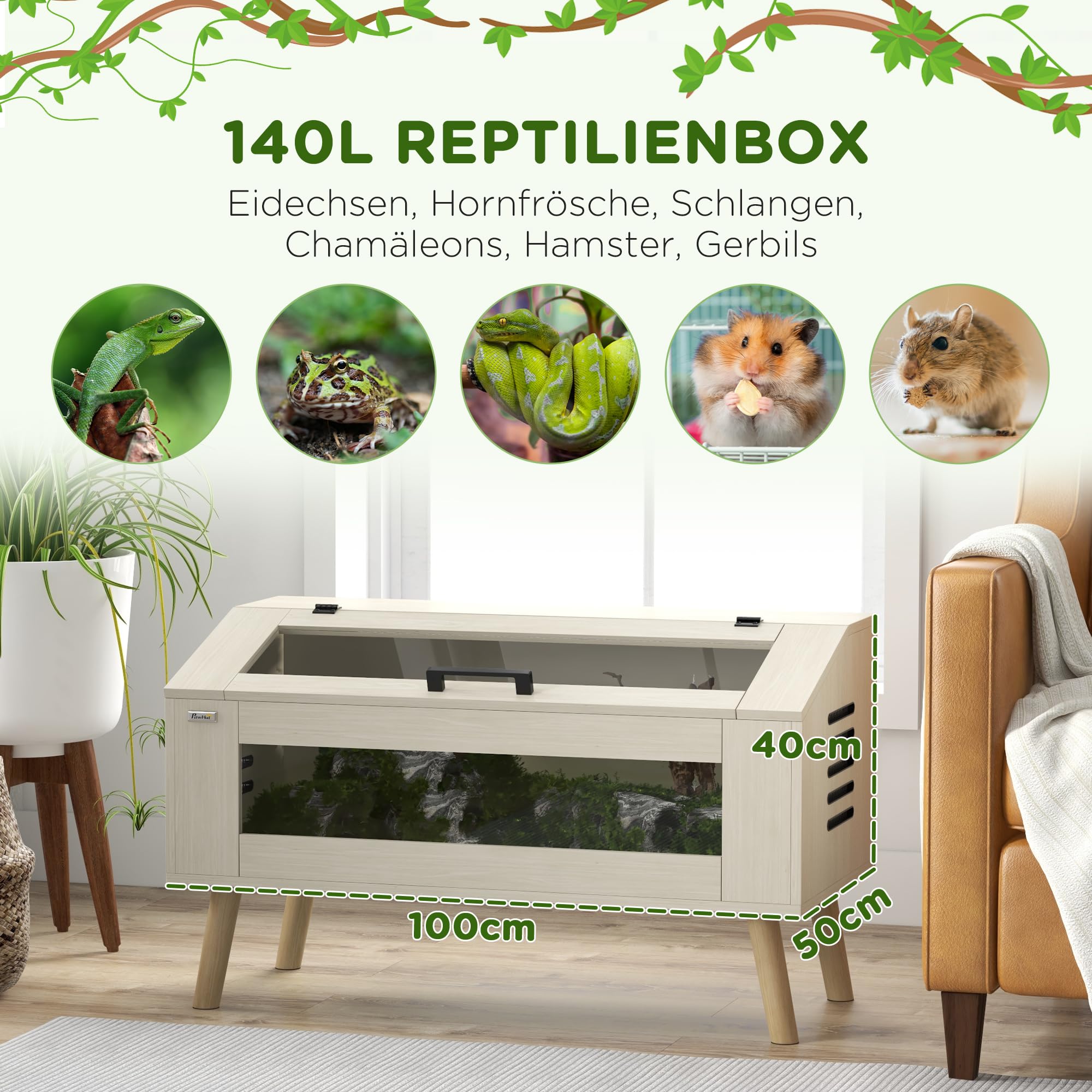 PawHut Terrarium für Reptilien, 100 x 50 x 60 cm 140L Reptil Fütterungsbox mit gehärteten Glasfenstern, aufklappbar Deckel, Beine, Aufzuchtbox für Amphibien, Spinne, Eiche