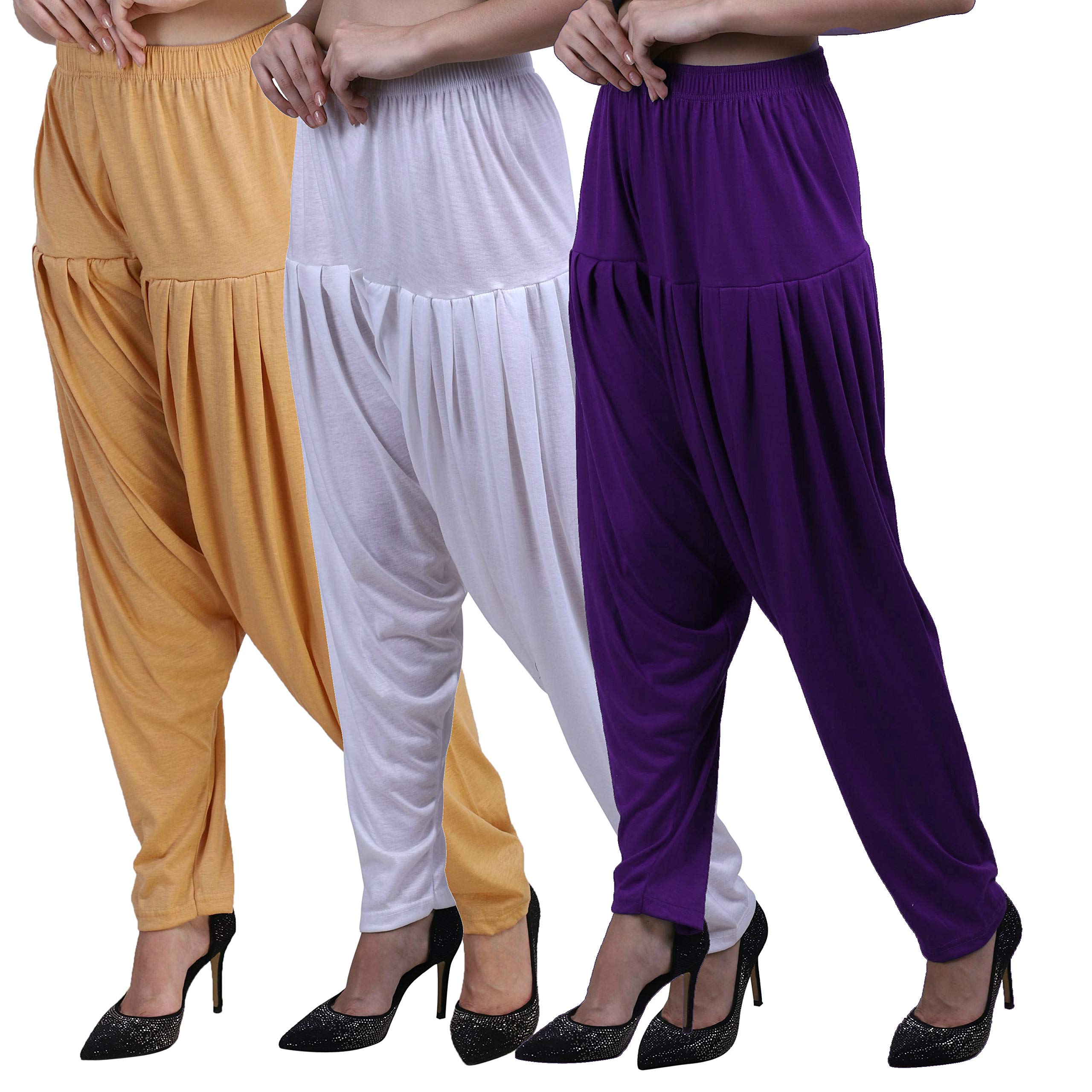 CASUALS Women's Cotton Viscose Lycra Dhoti Patiyala Salwar Harem Bottoms Pants Purple Mrose PakistanGreen Combo Pack of 3 (Dark Skin::White::Purple,XXXL)