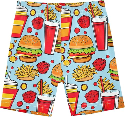 CHIFIGNO Girls Bike Shorts Cartwheel Shorts Kids Cotton Biker Short for Under Dress Cute Cartoon Fast Food Blue