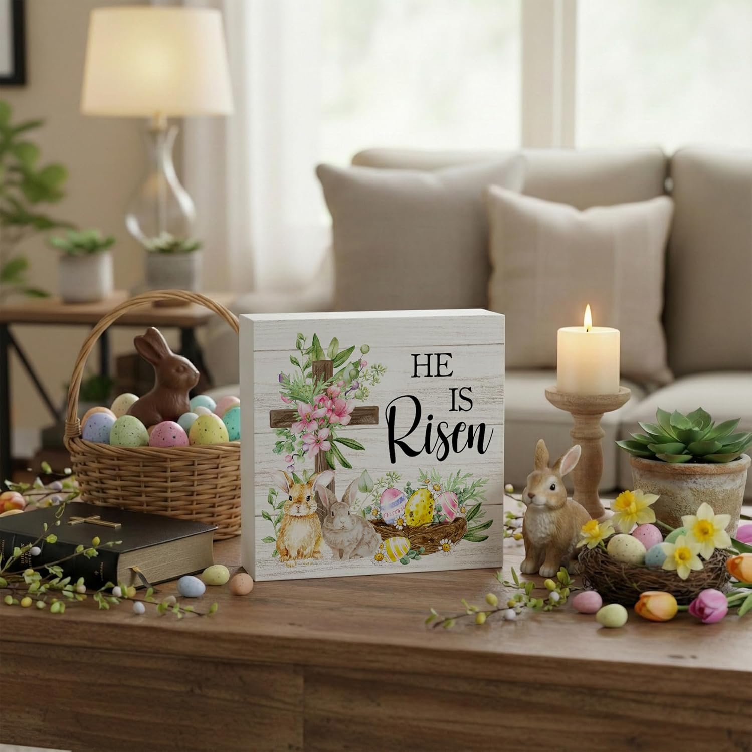 He Is Risen Wooden Sign, 5x5 Inch Christian Easter Decor – Blessed Religious Wall Art for Home, Bunny Farmhouse Table Shelf Decoration, Easter Gift -E02