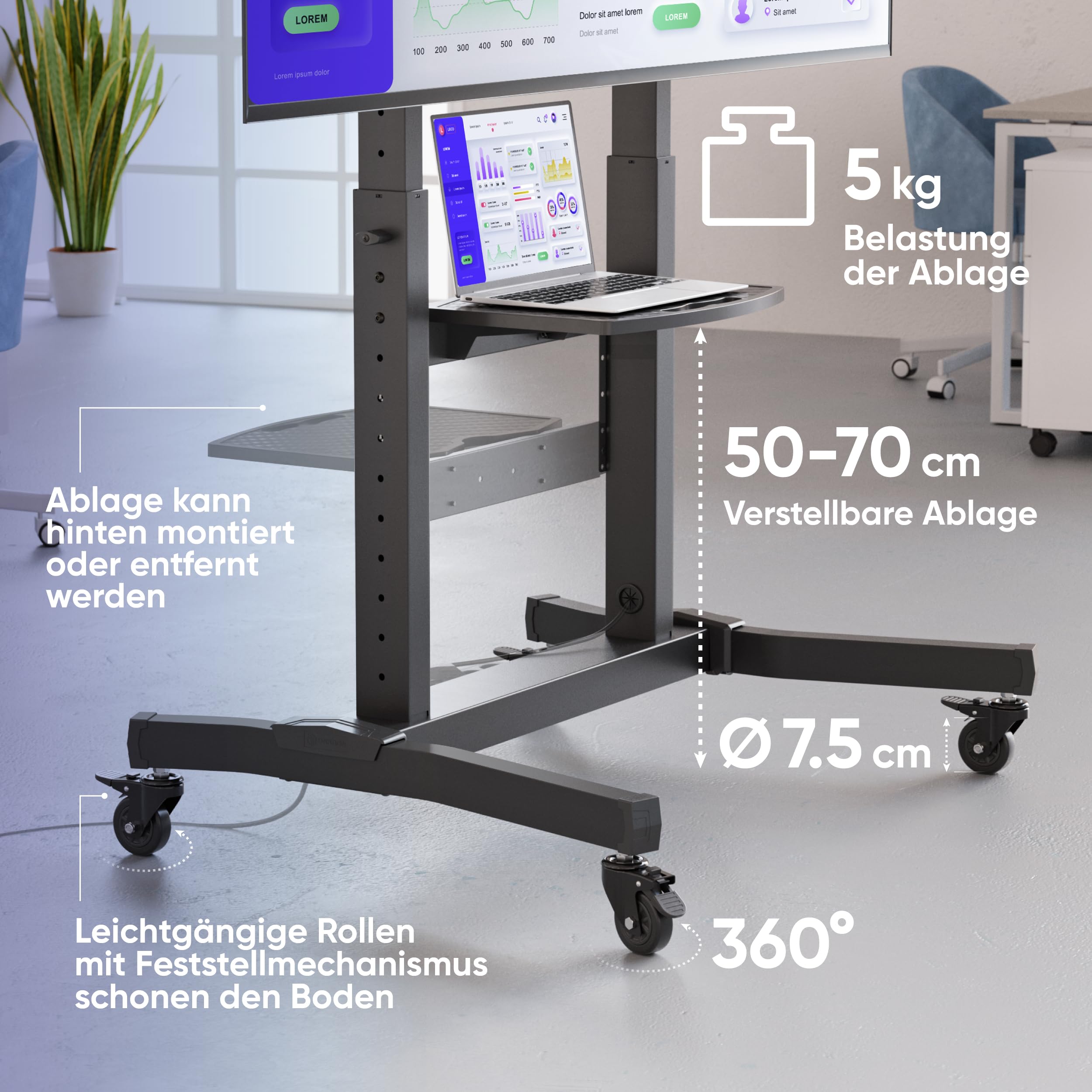 ONKRON TV Ständer rollbar für 50-100 Zoll Fernseher, max Last 130 kg, TV Wagen höhenverstellbar, neigbar, max VESA 1000x600, professioneller Fernsehständer mit Rollen, Ablage Schwarz TS1991-B