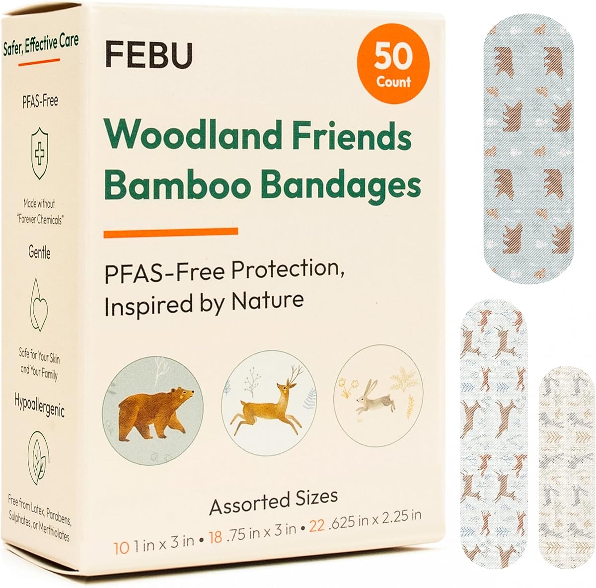 FEBU Vendajes de tela de bambú con estampado Woodland Friends, tiras de 50 unidades | Sin PFAS, hipoalergénico natural, compostable, sin látex; Para restos, cortes y primeros auxilios