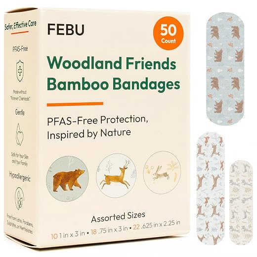 FEBU Woodland Friends Print Bamboo Fabric Bandages, 50 Count Strip | PFAS Free, Natural Hypoallergenic, Compostable, Latex Free; For Scraps, Cuts and First Aid