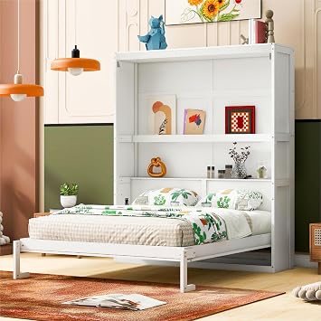 Queen Size Murphy Bed Wall Bed Chest with Shelves, Foldable Platform Bed Folded into Cabinet, Muti-Functional Designed for Guest Room Home Office White/Murphy Bed2, Queen