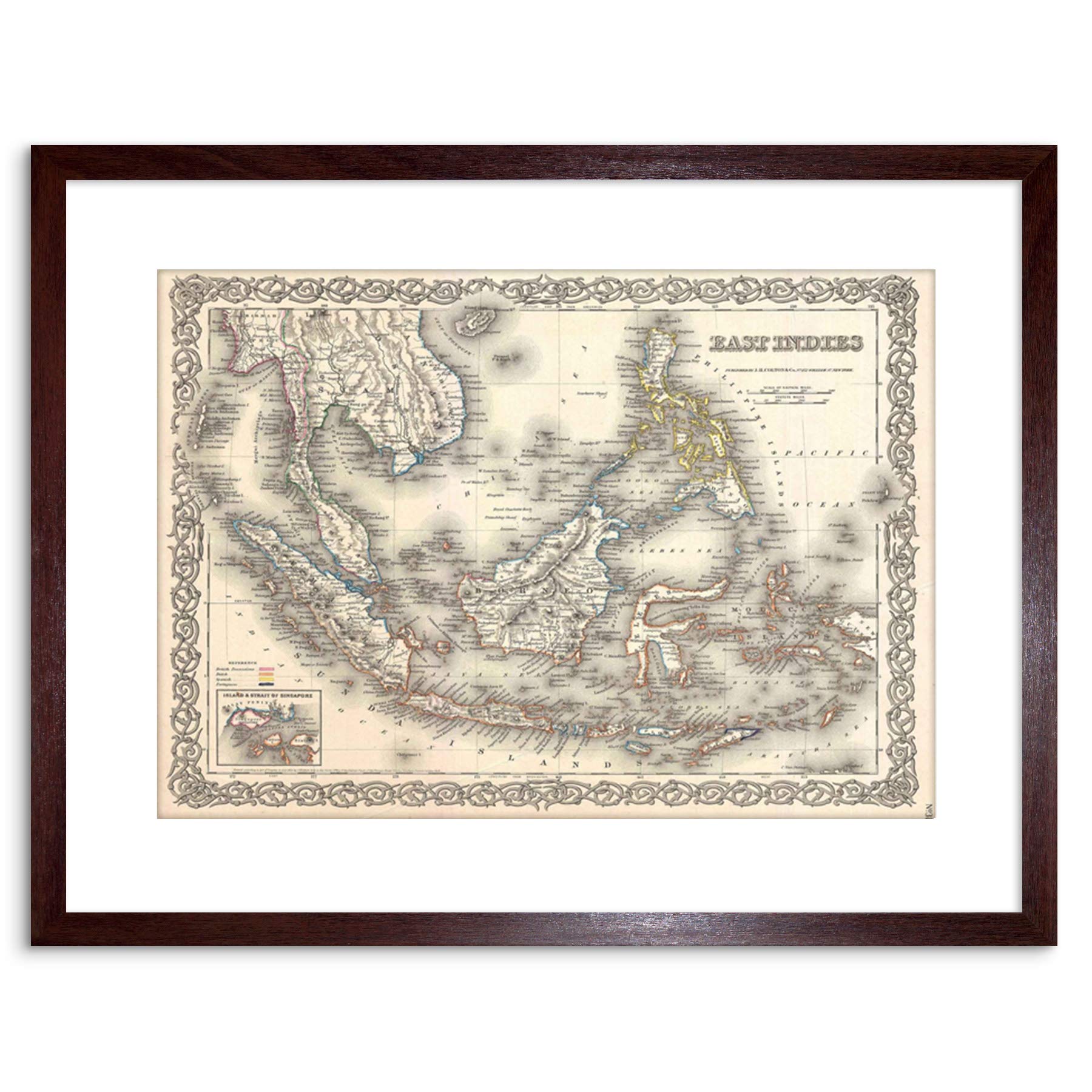 Wee Blue Coo 9x7 '' 1855 COLTON MAP EAST INDIES SINGAPORE THAILAND FRAMED ART PRINT F97X014