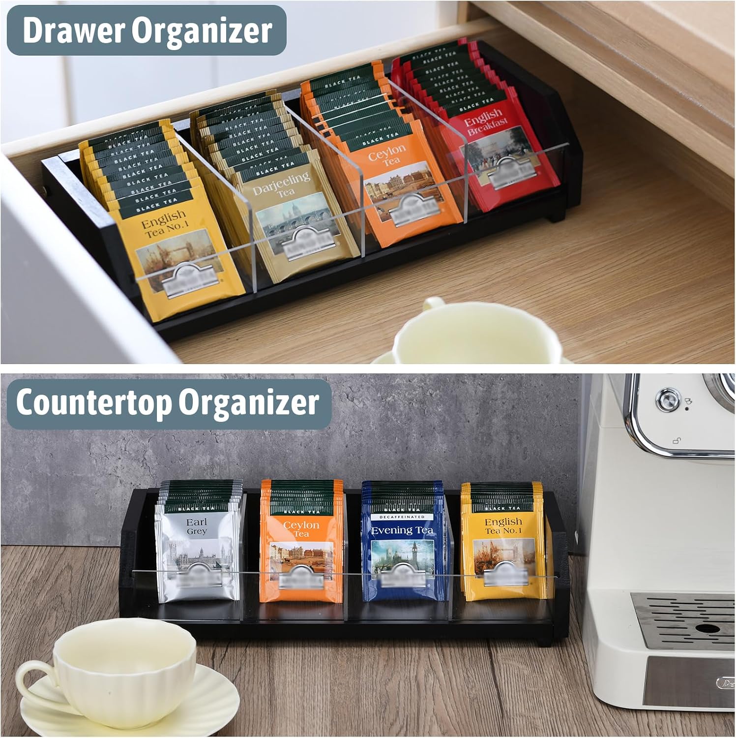 Tea Bag Holder Organizer Box with 4 Compartments, Pine Wood and Acrylic, 13.5 x 4.9 x 3.1 inches for Drawer, Cabinet, Countertop, Tea Tray (Black) image 4