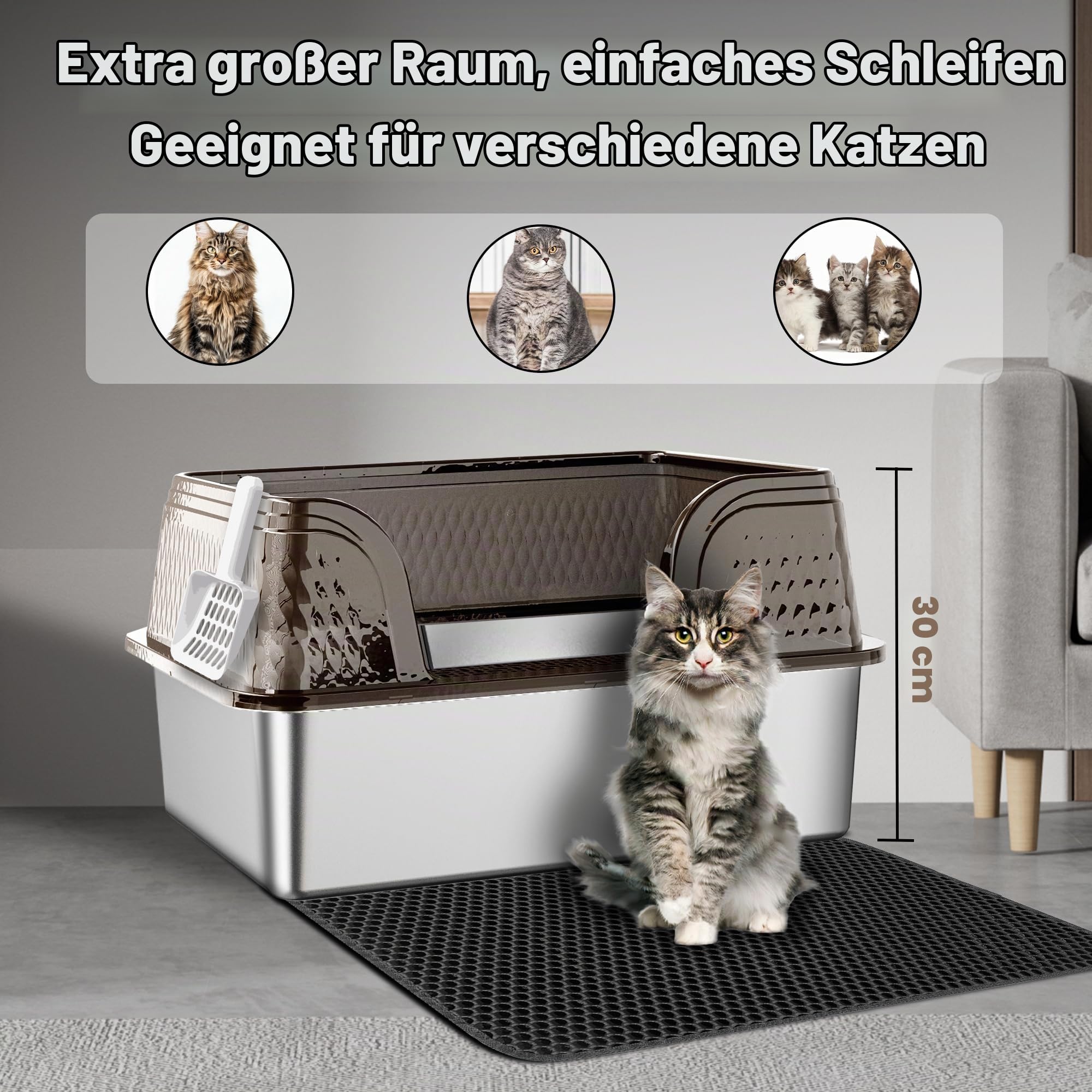 Suhaco Edelstahl Katzenstreu Box mit Deckel Kitty Schwarze Katzenstreu Matte und weißer Scoop Inklusive Covered Metal High Sided Abnehmbare große Katzenstreu Box Gehäuse 60×40×30(Schwarz XXL)