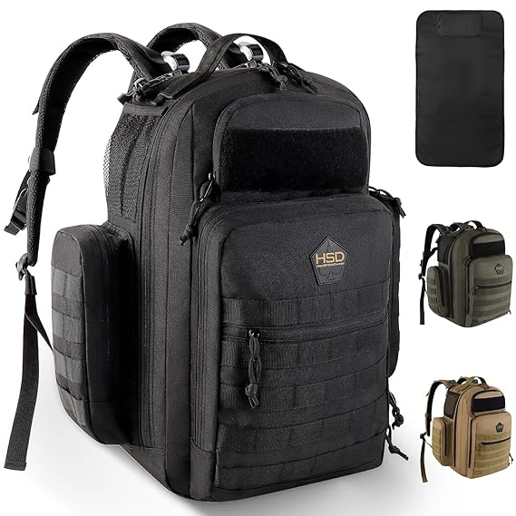 HSD Tactical Diaper Bag Backpack + Changing Pad, Insulated Pockets, Stroller Straps (Black)