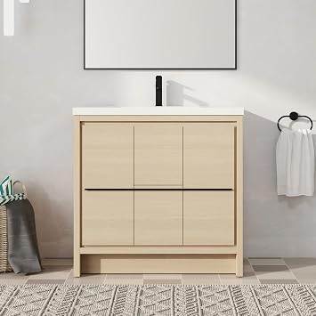 36 Inch FreeStanding Vanity, 36" Bathroom Vanity with Sink, Single Sink Floor Stand Vanity Combo, Modern Brown Bathroom Vanity Set with Soft-Close Doors and Drawer