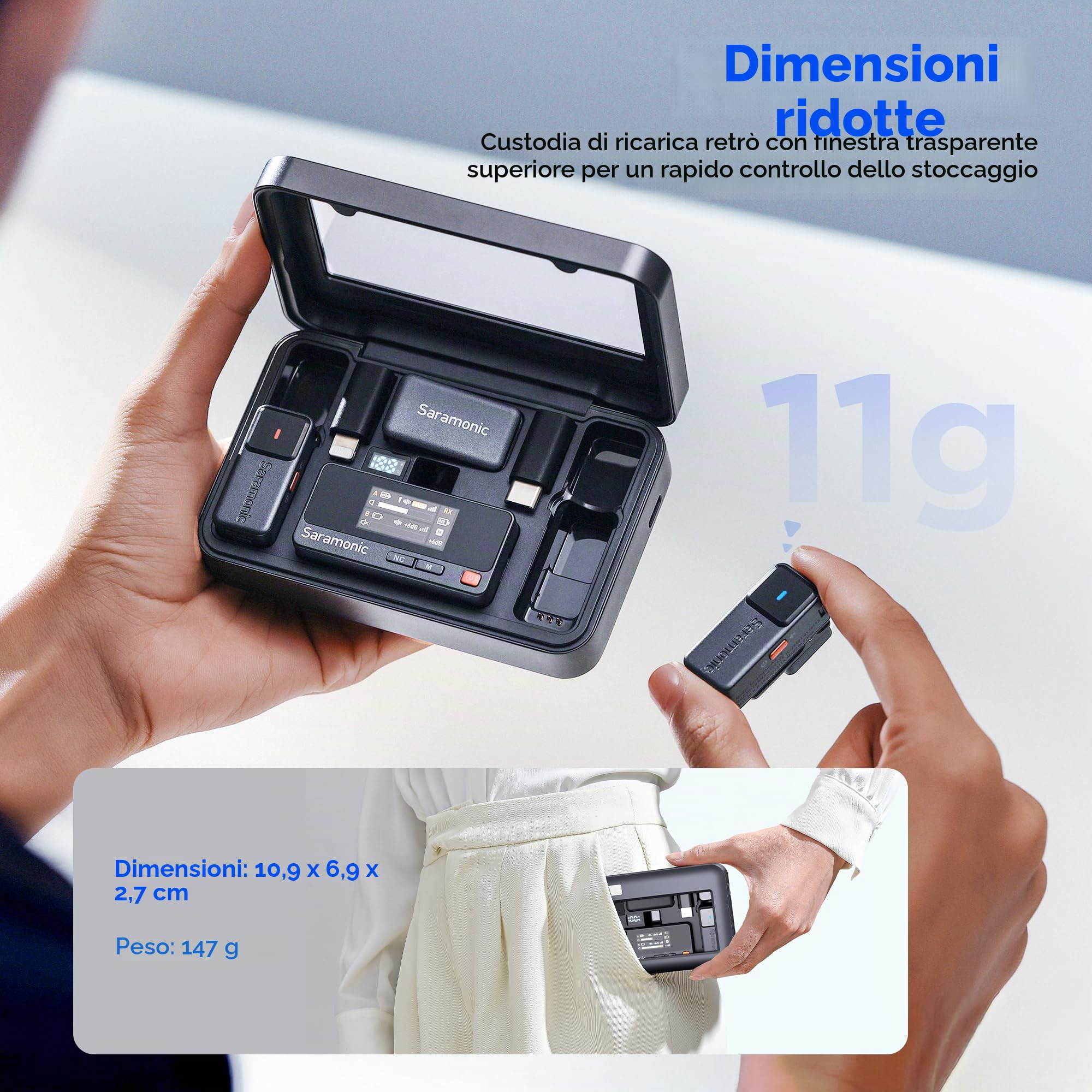 Saramonic Microfono lavalier wireless per iPhone Android (2TX + USB-C RX + custodia di ricarica), cancellazione del rumore, 300 m, mini microfono per Tiktok Youtube Live Stream interviste, podcast