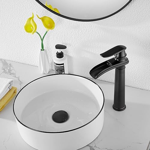 Miniatura 7 de GGStudy Grifo de baño de bronce aceitado con una sola manija, un agujero, cascada de granja, baño, lavabo, grifo a juego con drenaje desplegable