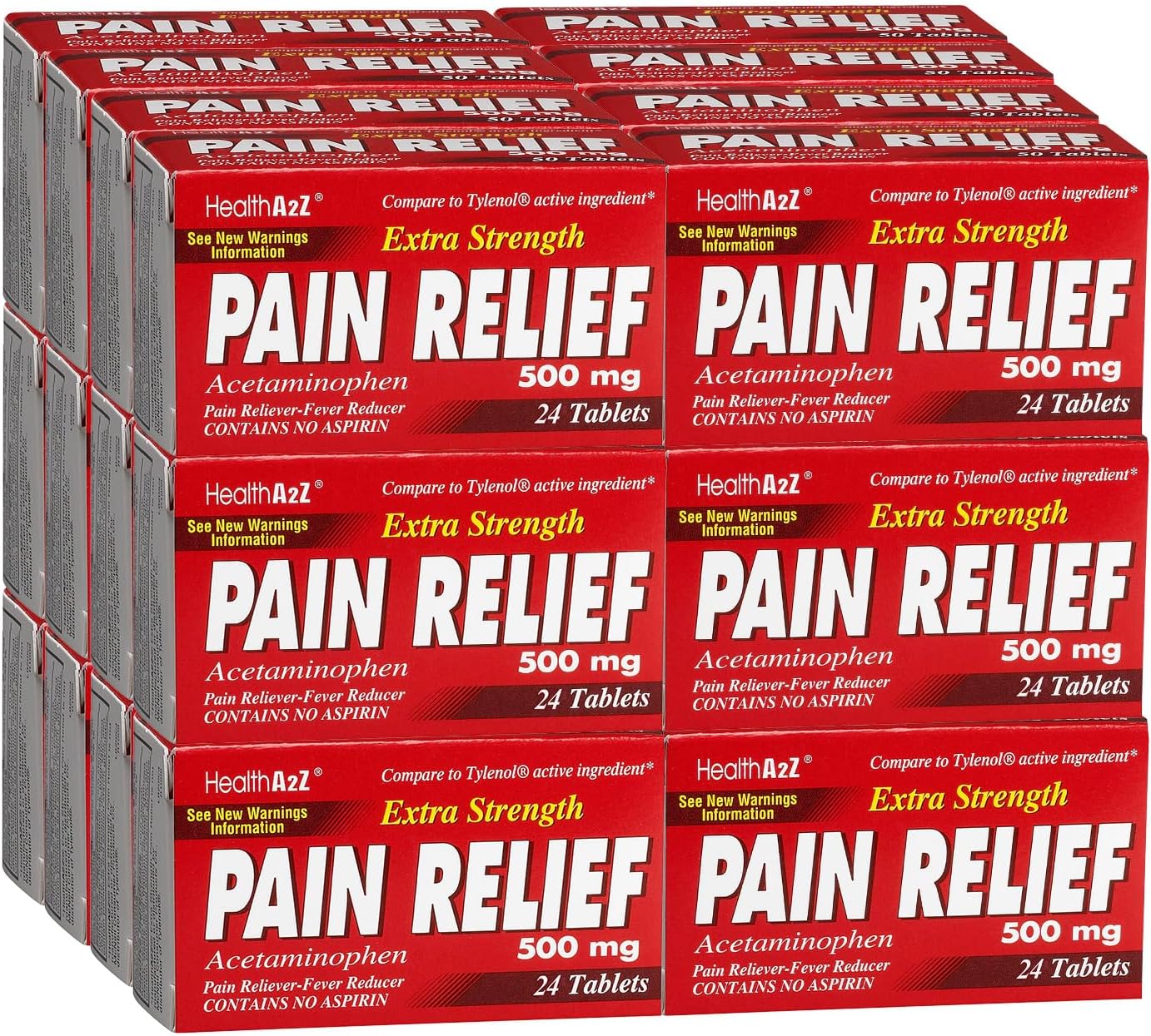 HealthA2Z® Extra Strength Pain Relief | Acetaminophen 500mg | Pain Reliever & Fever Reducer | 24 Packs of 24 Tablets Each (576 Tablets Total) | Value Pack | Contains No Aspirin