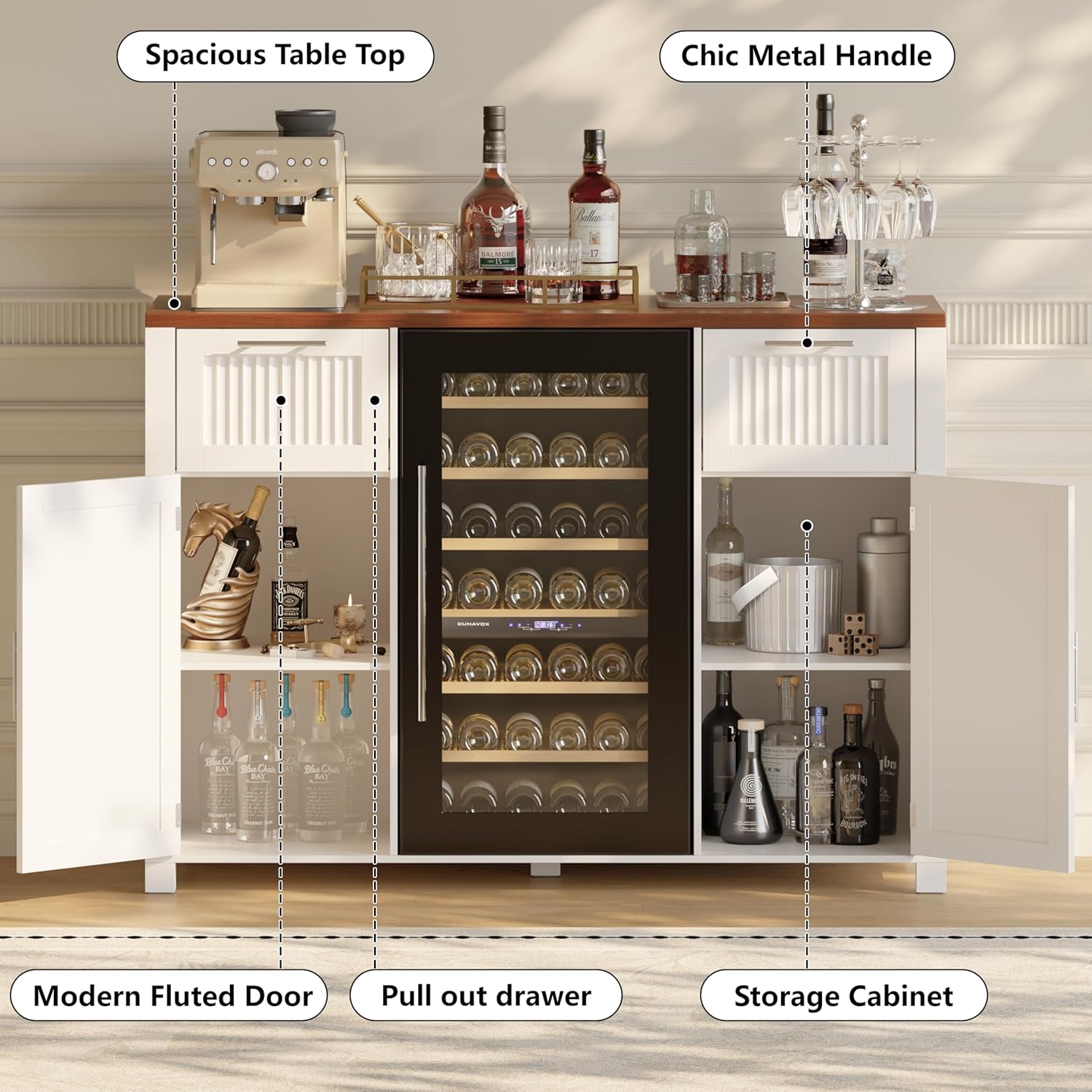 VORONOI Large Coffee Bar Cabinet with Fridge Space, 53.2" Fridge Cabinet with Power Outlet & Pull Out Drawer, Modern Fluted Design Wine Cabinet with Storage for Home, Kitchen, Dining Room,White