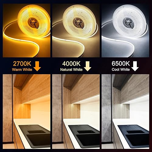 Miniatura 6 de QooWare COB - Tira de luces LED, 32.8 pies, 4000 K, tira de iluminación LED blanca natural, DC24V 5120LEDs CRI 90+ 0.315 in, luces LED uniformes