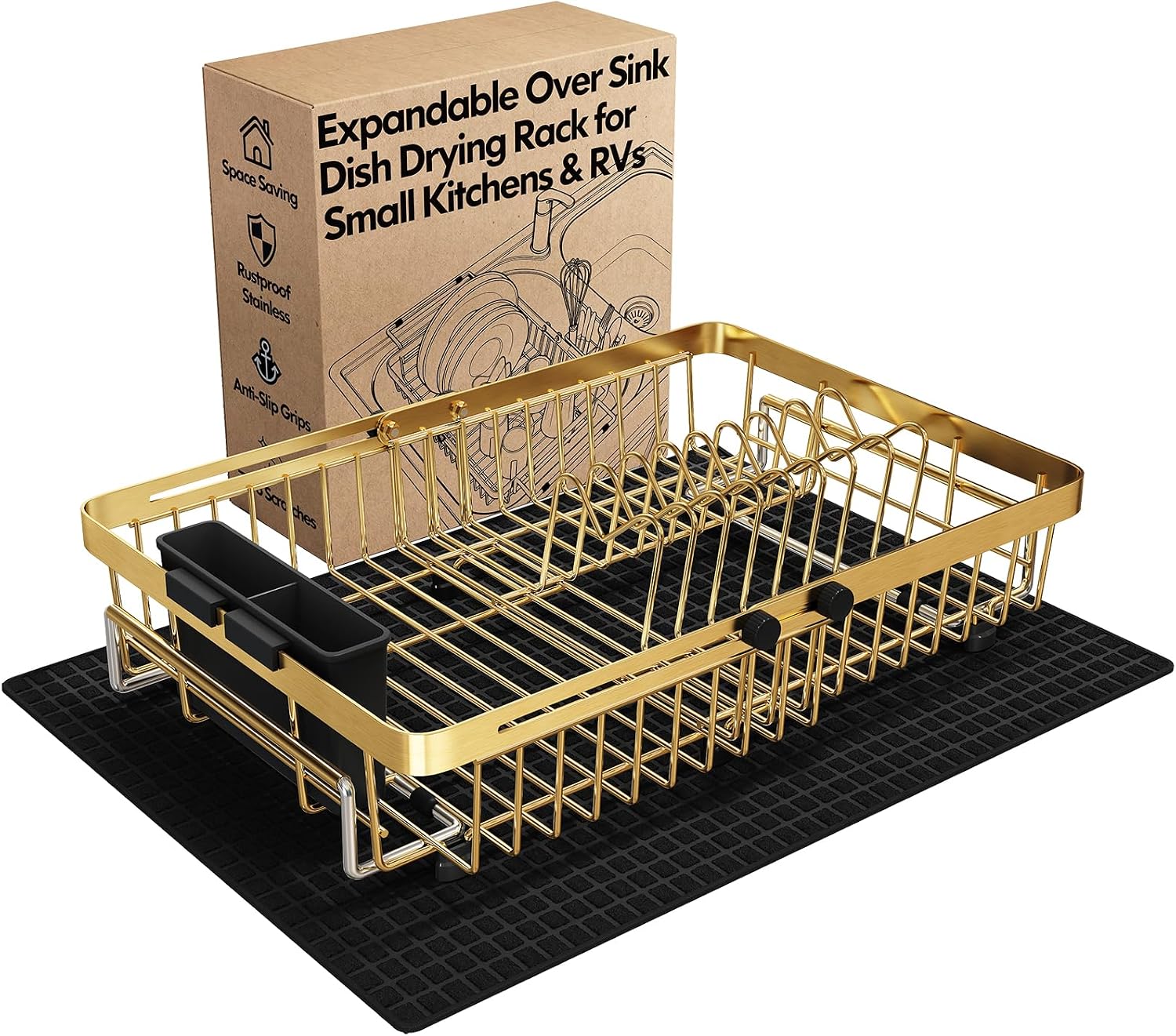 MAJALiS Gold Expandable Dish Drying Rack Over Sink with Extra Drying Mat