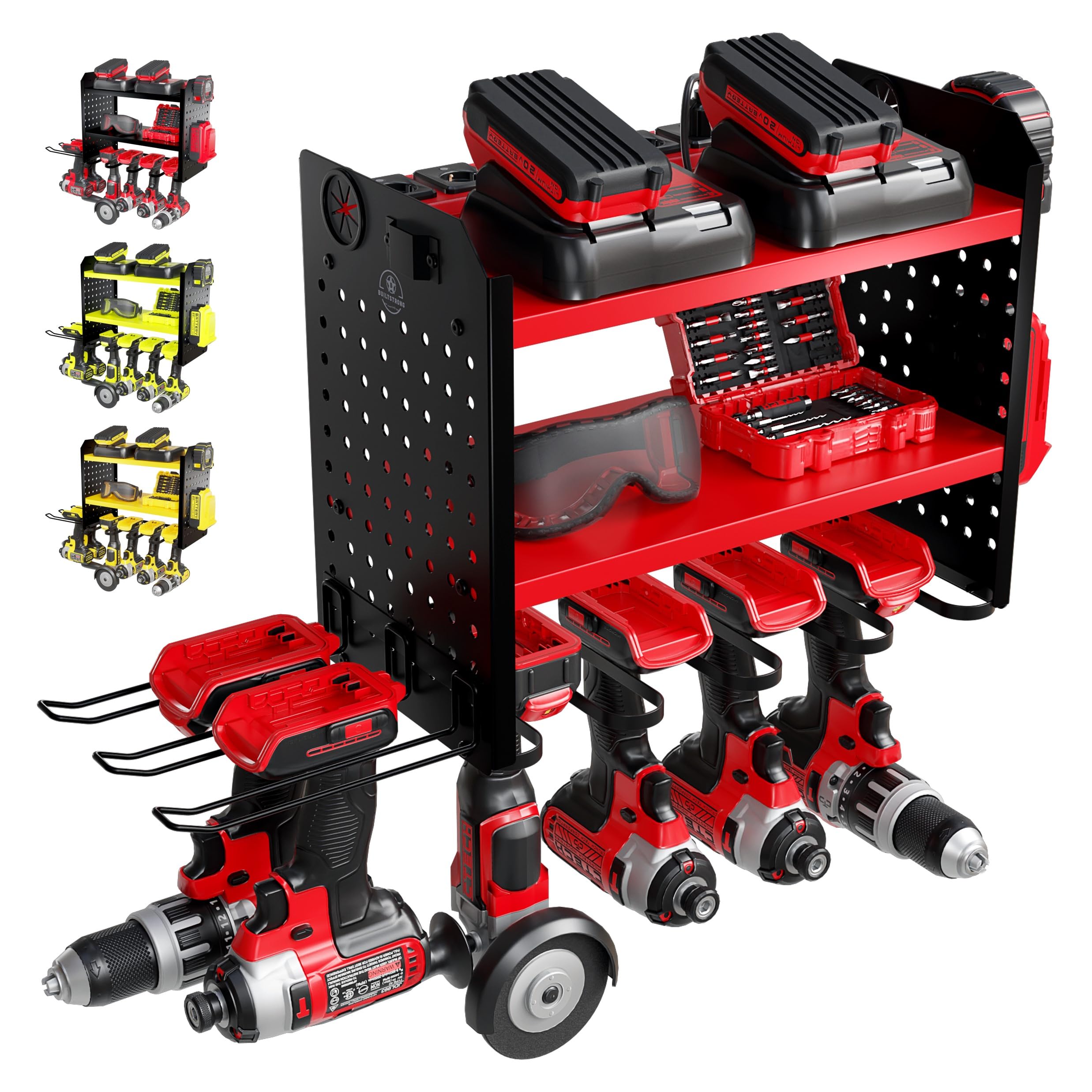 Power Tool Organizer na 6, uchwyt na wiertarkę, uchwyt ścienny, 3-poziomowy, wytrzymały, metalowy stojak do przechowywania narzędzi ręcznych, stojaki na narzędzia, uchwyt na wiertarki, 2 boki deski