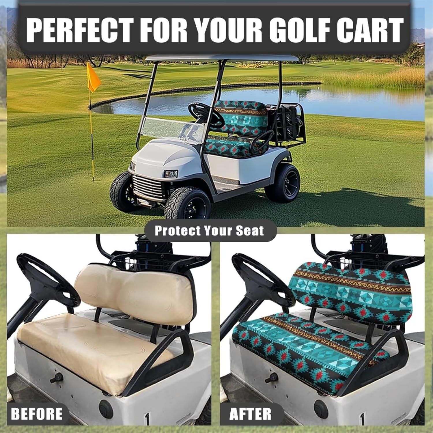 SEANATIVE Universal Golf Cart Seat Covers Breathable Club Golf Cart Seat Cushions 2 Pcs Non-Slip Golf Car Accessories Decor