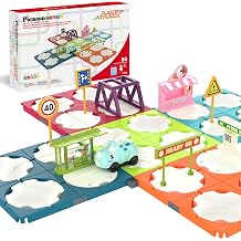 PicassoTiles 85pc Race Car Track Construction Builder Set with Rotating Reversible Tracks Dinosaur Vehicle Road Signs Buildings and Accessories STEM Learning Pretend Play Racing Fun Kids Ages 3+ PTR22