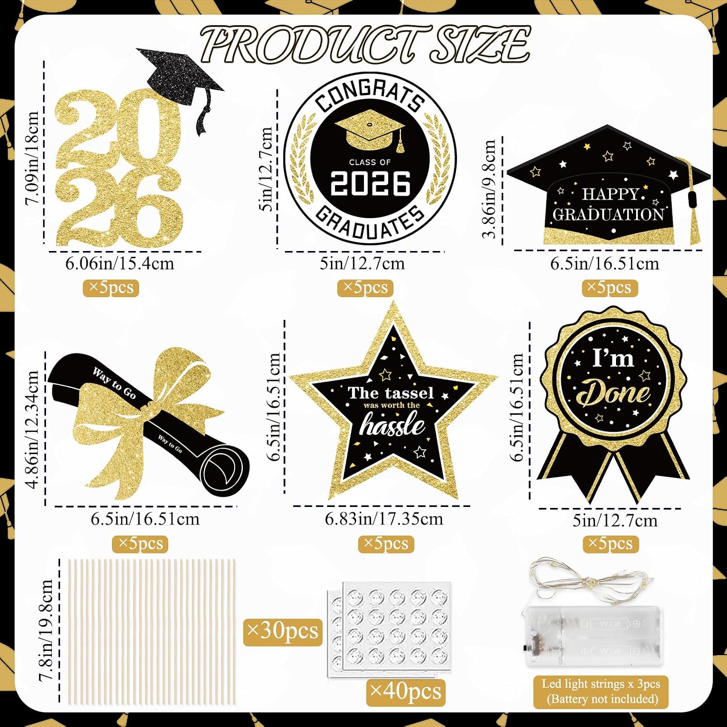 kockuu Glitter Black Gold Graduation Decorations for Class of 2026-30pcs Black Gold Double Sided Graduation Table Centerpieces Sticks with LED String Lights for College High School Grad Party Decor
