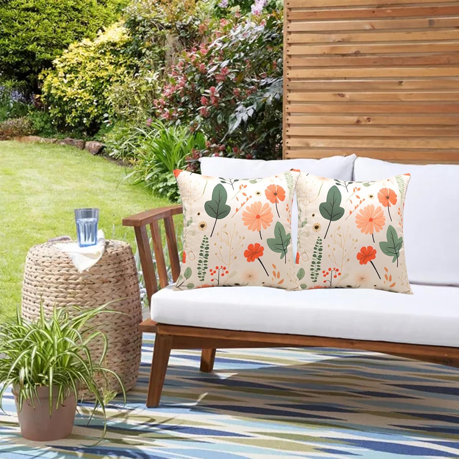 Outdoor Waterproof Throw Pillow Covers 18x18 Inch Spring Floral Throw Pillow Covers Outdoor Pillows for Patio Furniture Garden, Yellow, Pack of 2(No Pillow Insert)