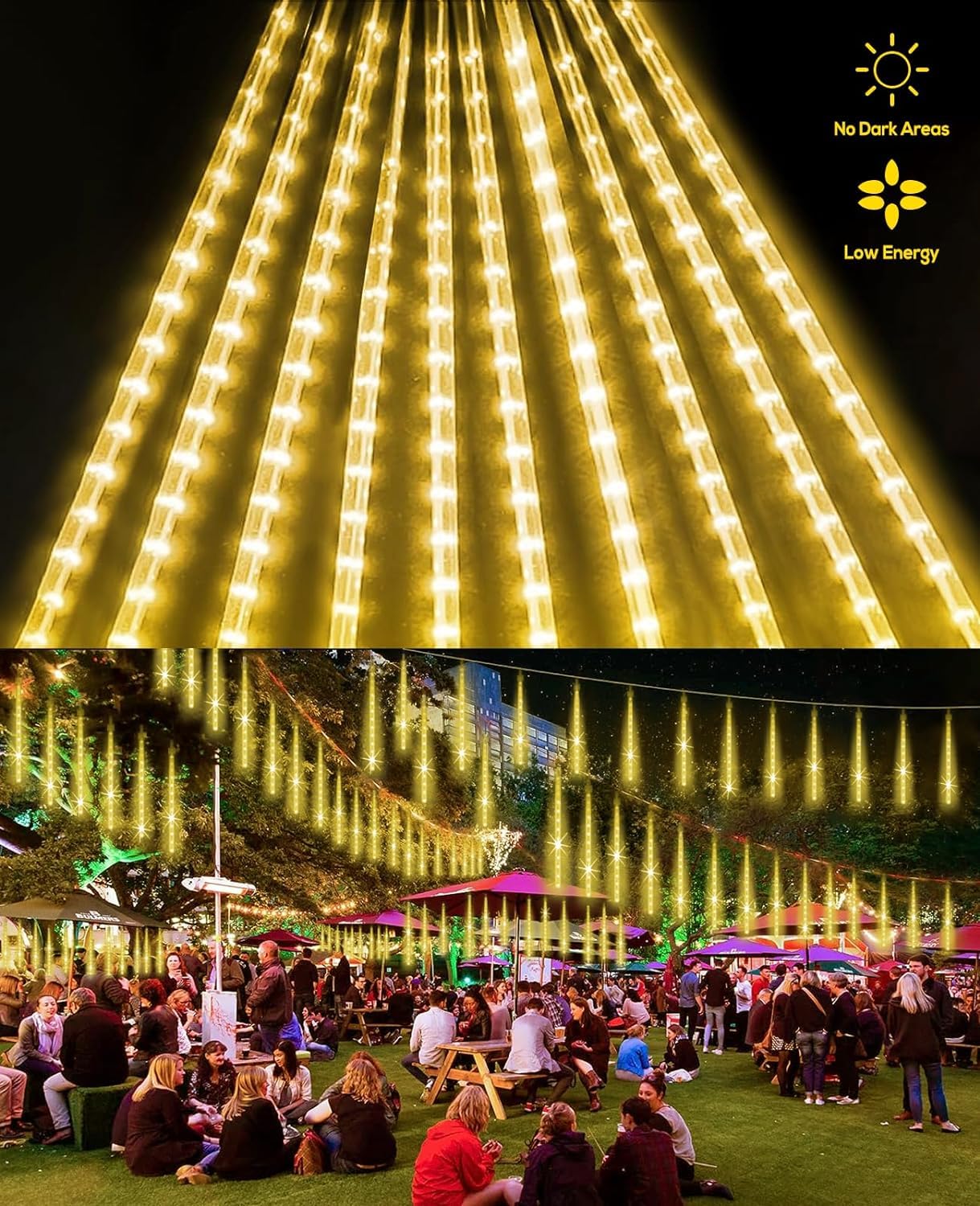 XERGY Meteor Lights 8 Tube 192 LED 12 Inch Waterproof Plug in Falling Rain Fairy String Lights for Diwali Lights for Decoration for Patio Outdoor Tree Decorations, Warm White 4