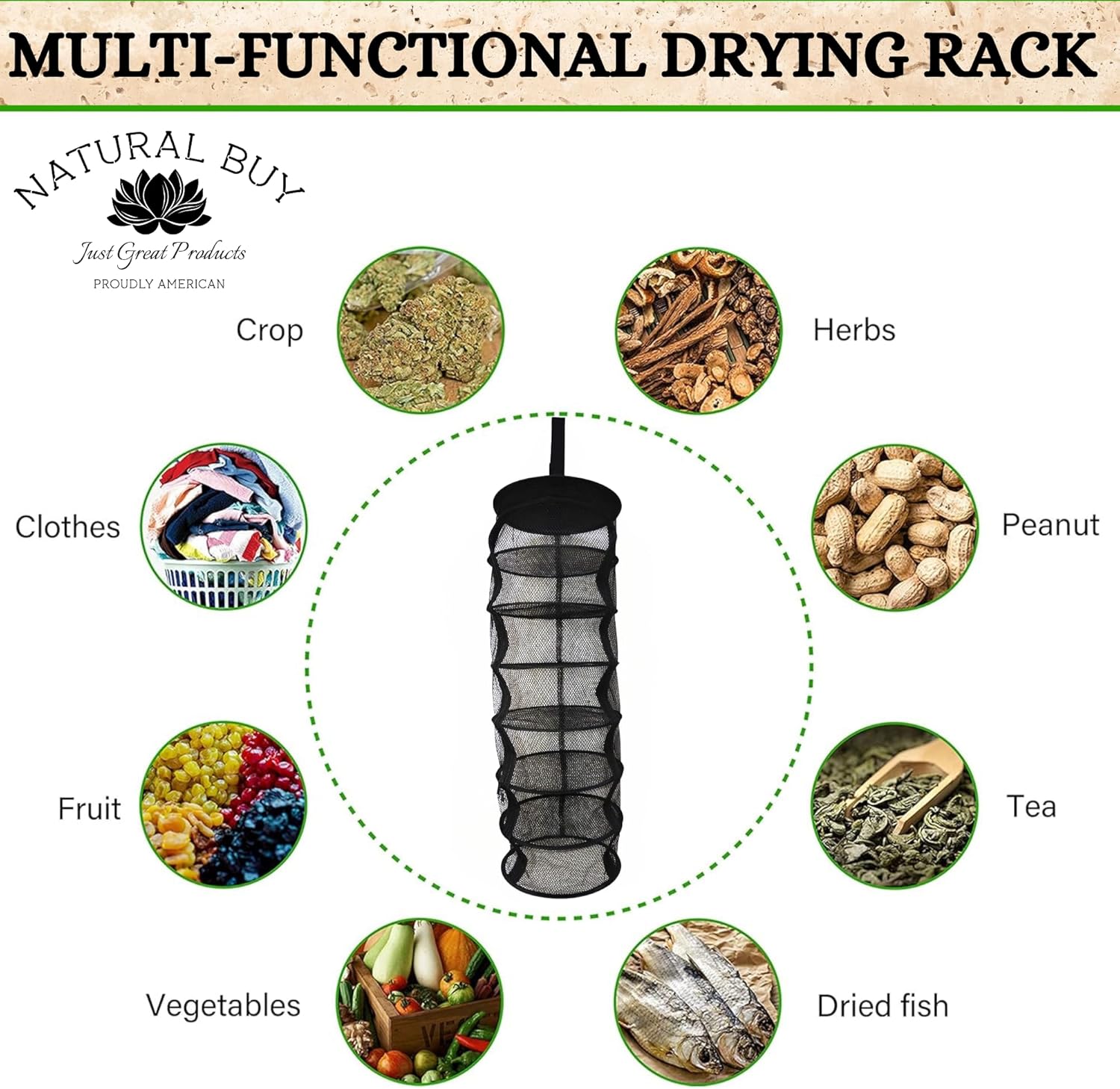 9 Inch 7 Level Micro Hanging Dry Net Indoor/Closet Drying Rack for Herbs, Organizer, Freshner - Black Mash Screen with Top-to-Bottom Zipper - Apartment Size with Zipped Storage Pouch