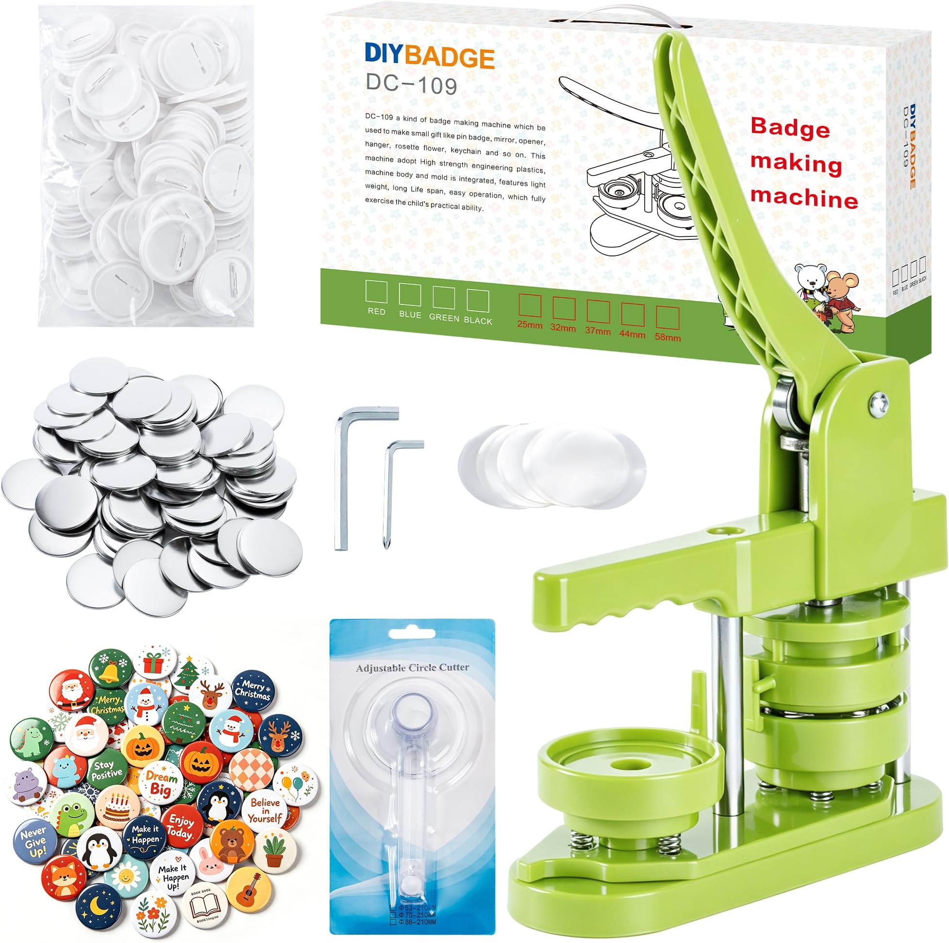Installation-Free Button Badge Maker Machine 58mm (2¼ in) DIY Pin Button Maker Press Machine Badge Punch Press with Free 100pcs Button Parts&Pictures&Circle Cutter&MK.Bear Magic Book (Green)
