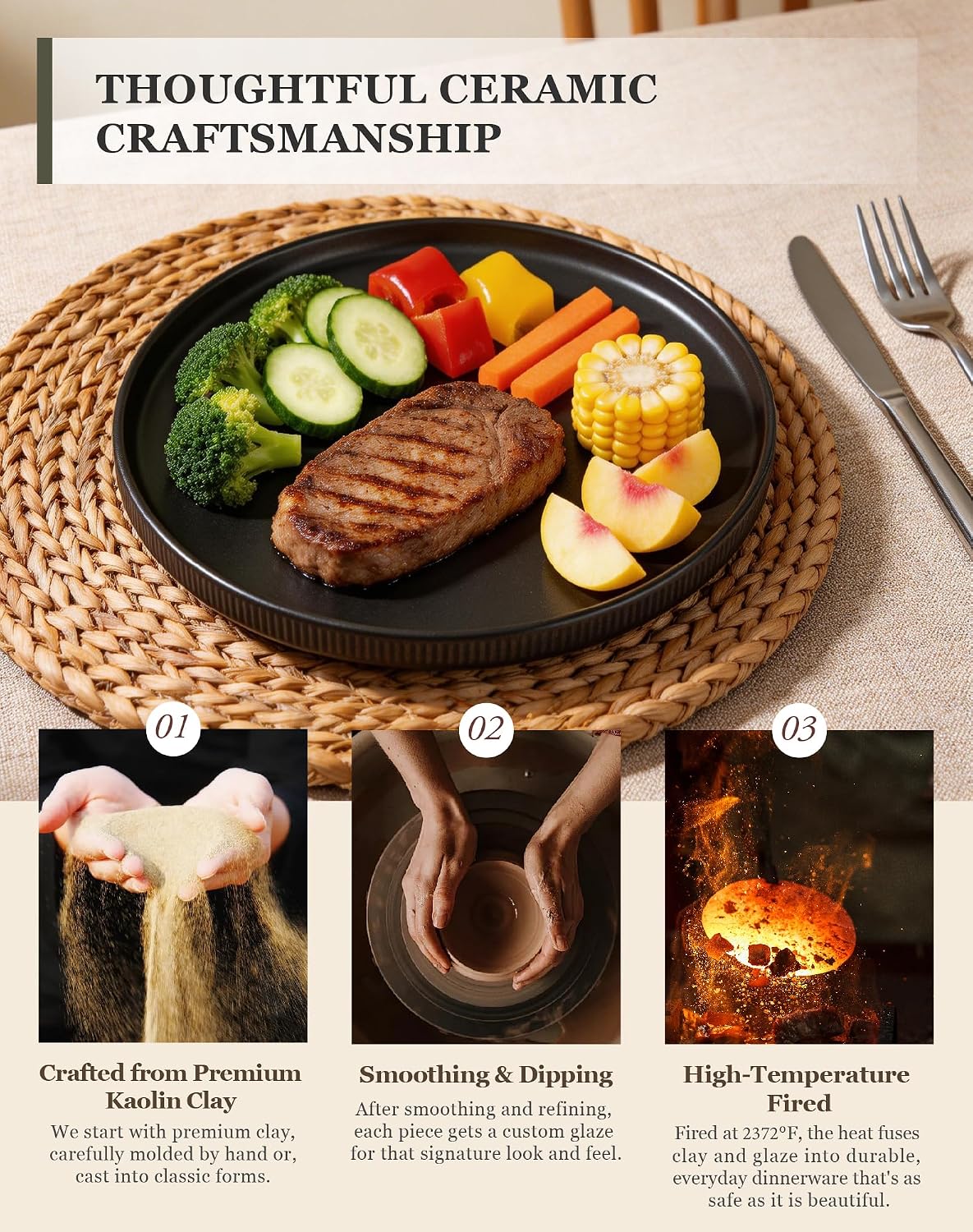 OTAGO 8" Dinner Plates Set of 4, Ribbed Stoneware Plates with Unique Handcrafted Reactive Glaze, Matte Ceramic Tableware for Kitchen, Dinner & Dining, Microwave & Dishwasher Safe, White