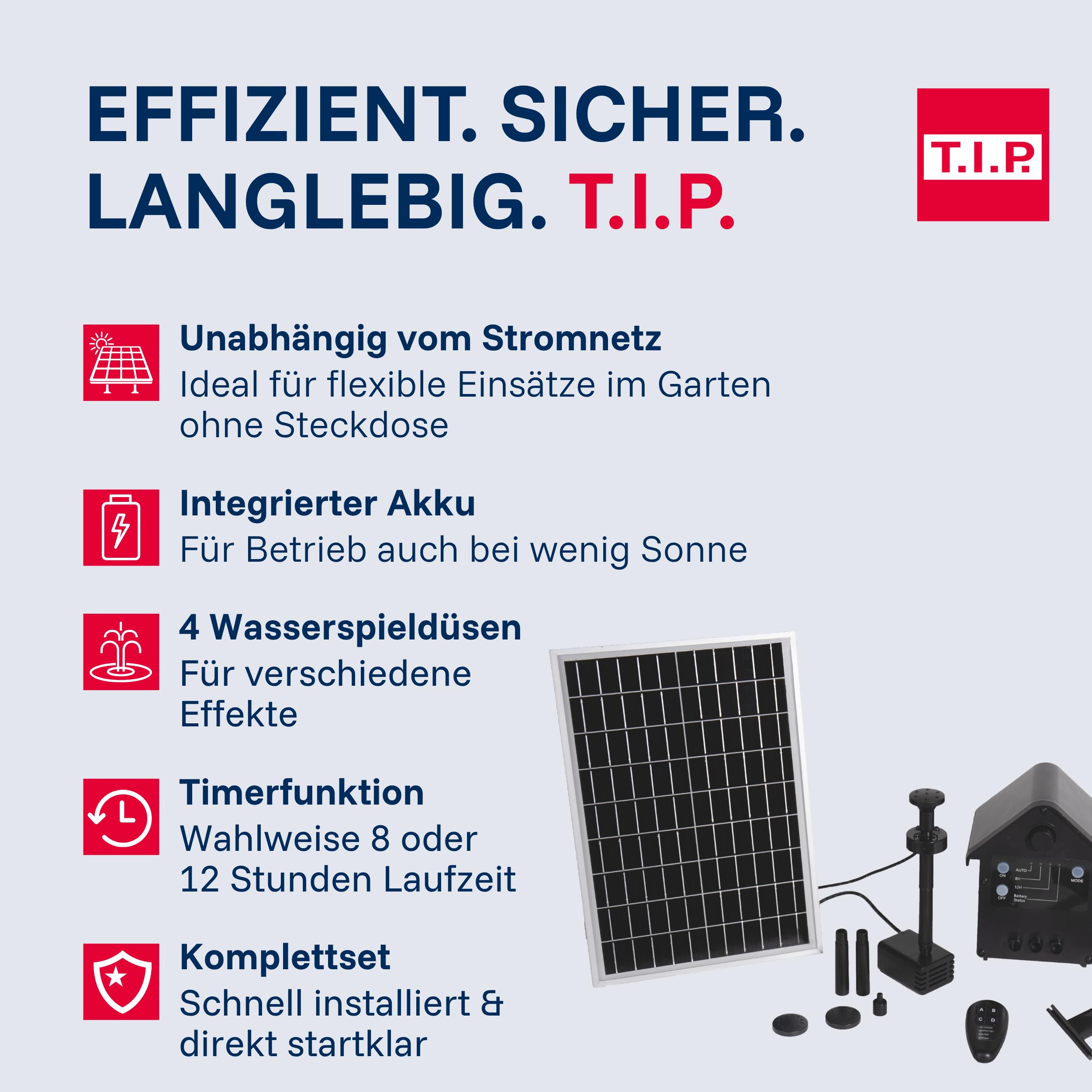 T.I.P. Solarteichpumpe Set mit Akku, Fernbedienung - Wasserspiel, Fontäne für Teich | SPS 300/9 Solar Pumpe fuer Gartenteich mit 4 Fontänen-Düsen, Speicherakku, Timer, Solarpanel & Erdspiess im Komplettset