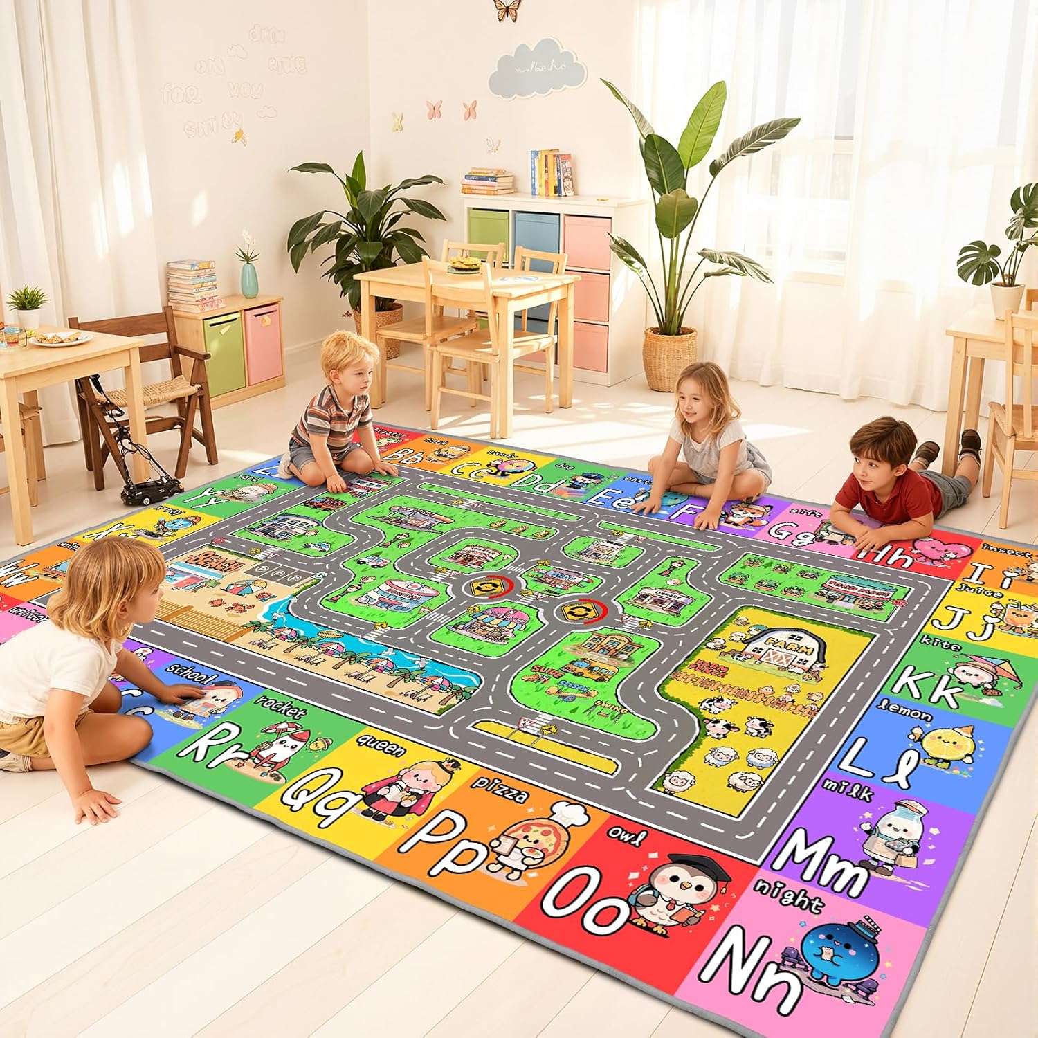 Kids Road Rug for Playroom, Bedroom, Classroom, 4x6 Kids Car Rug Play Mat with Alphabet, Car Track - Educational Kid Playmat, Non-Slip & Soft ABC Rugs for Nursery, Daycare & Elementary