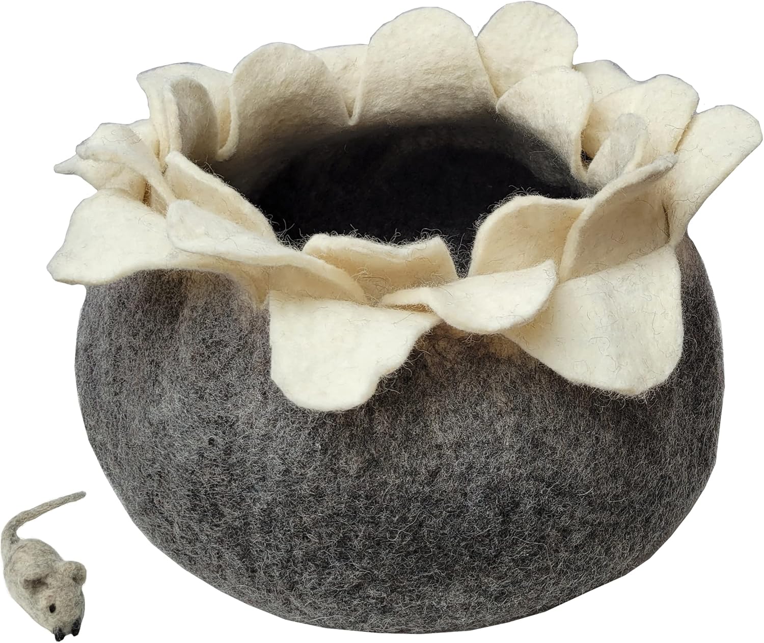 100% Wool Felt Cat Cave Bed Lotus Handmade in Nepal with Free Mouse Toy Included