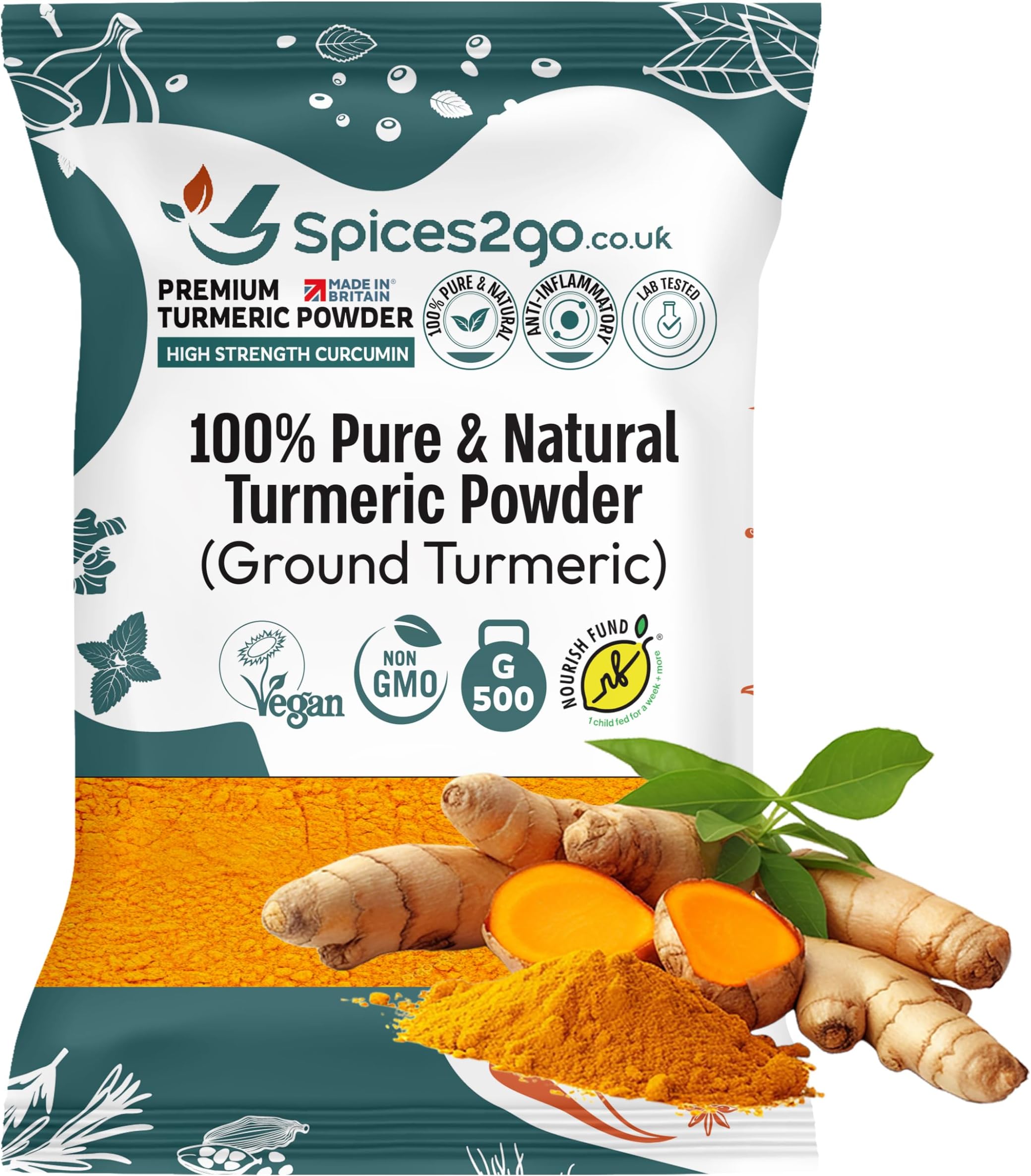 Spices2Go Premium Turmeric Powder - 100% Pure Turmeric Ground, Curcumin, Holud | Haldi | Haldar | Haladi, Long Shelf Life, GMO-Free, Made In Britain, Haldi, Tumeric (500G)