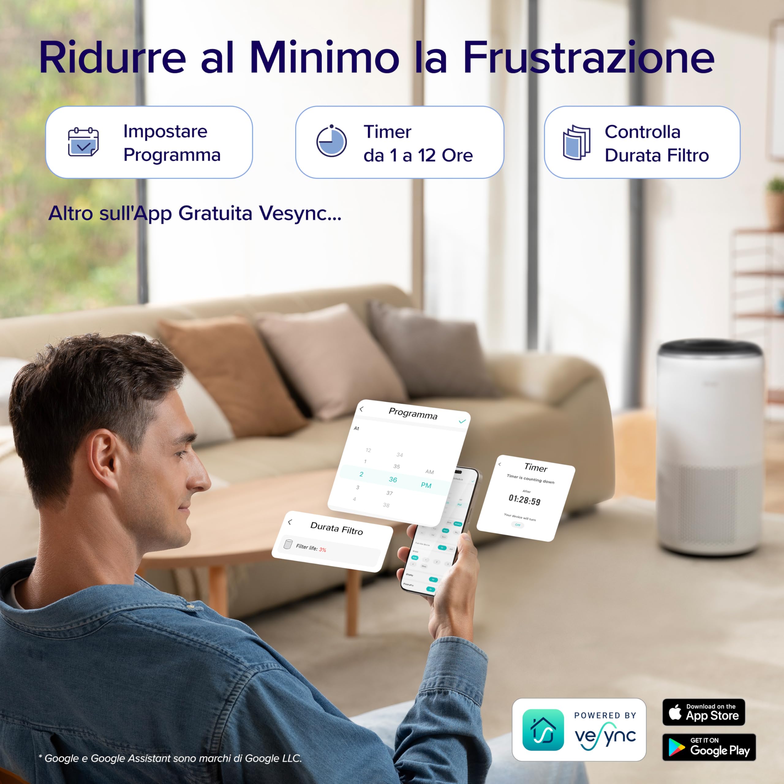 Levoit Purificatore d'Aria Intelligente con App e Alexa, Filtro HEPA + Carbone Attivo, CADR 433 m³/h fino a 90 m², Silenzioso, Display PM2.5, Modalità Auto, per Allergie Odori Allergi Polvere Polline