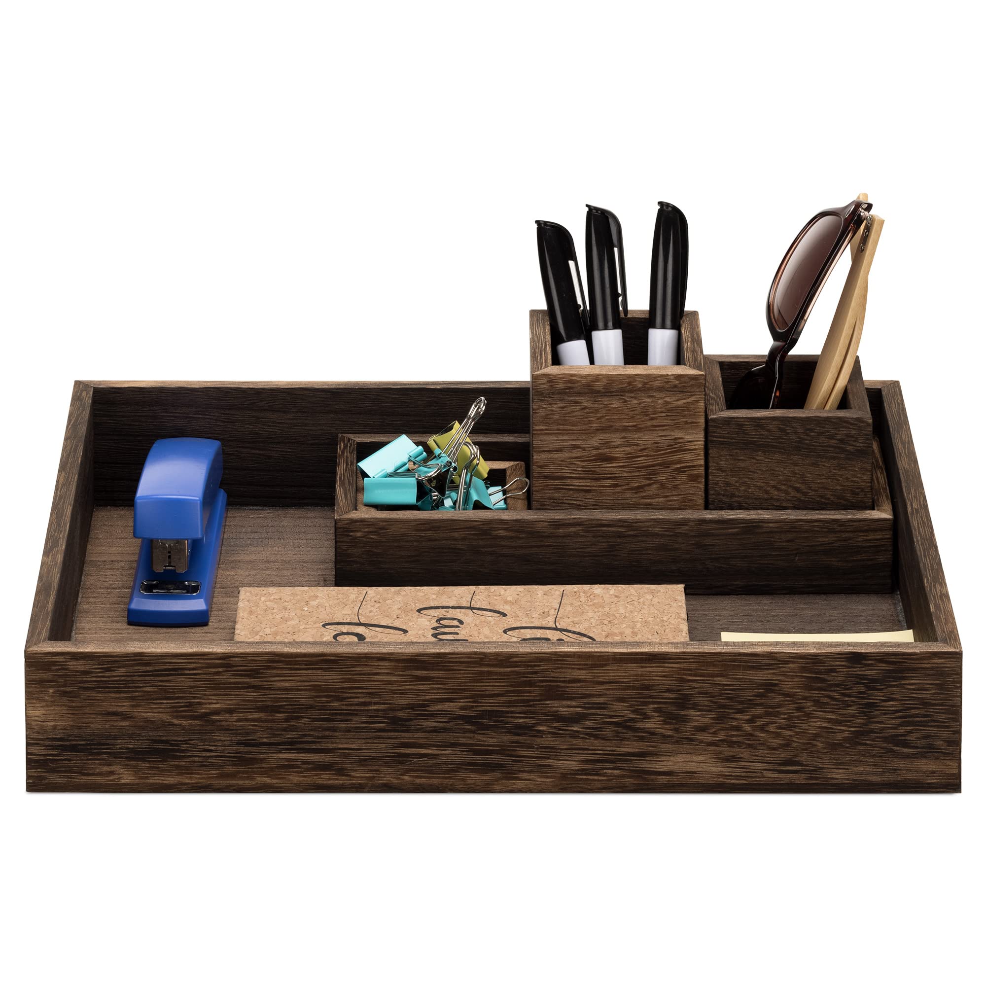 Navaris Set 5x Organizer Scrivania Ufficio - 2x Vassoi Portaoggetti 2x Portapenne Design Moderno e Porta Foglietti Tavolo - Scatoline Legno Paulownia