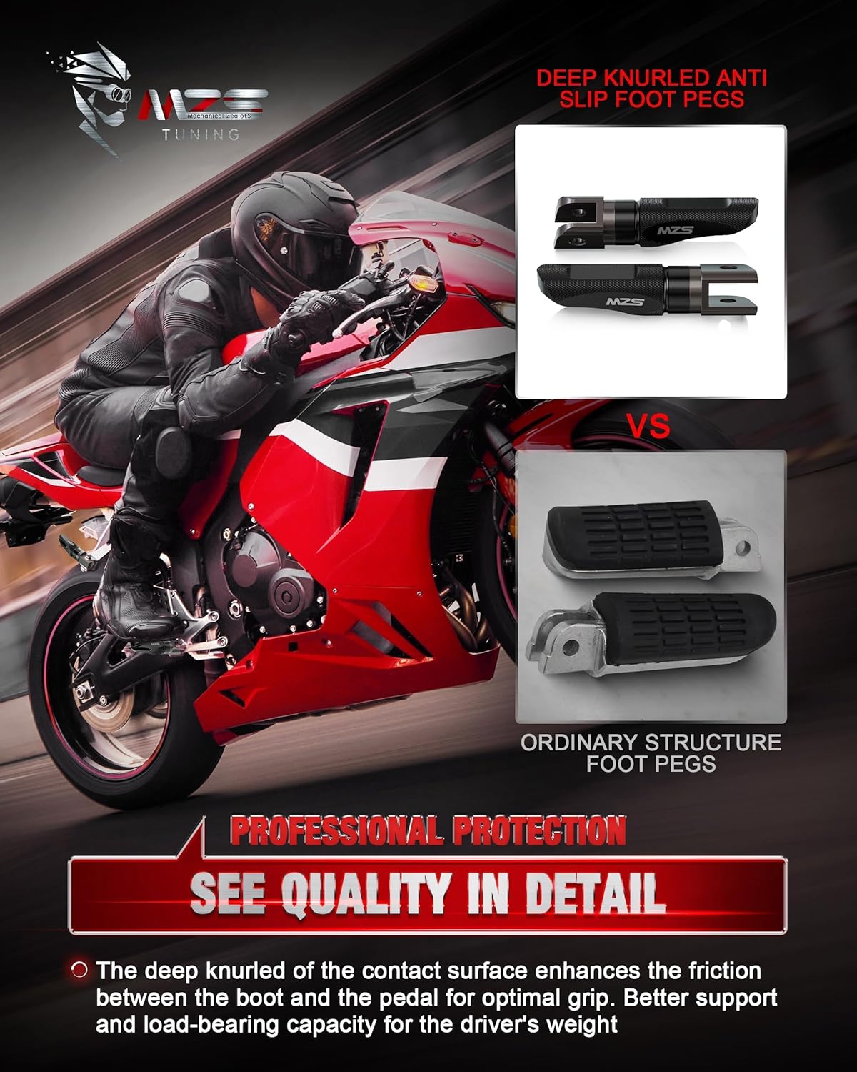 MZS Motorcycle Front Foot Pegs, Adjustable Sport Footpegs Rider Foot Pedal Rest Black Compatible with GSXR 600 750 08-17 / GSXR1000 09-23 / GSXS 750 1000 15-23 / Hayabusa SFV650 08-14 / Katana 20-22