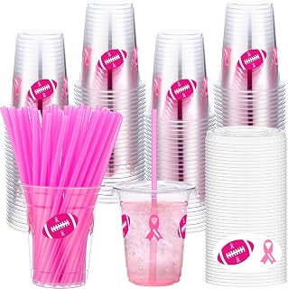Blushtier 100 Pcs 12 oz Breast Cancer Awareness Plastic Cups with Lids and Straws, Pink Clear Cold Beverage Drinking Cups for Charity Event Women Breast Cancer Awareness Supplies(Football and Ribbon)